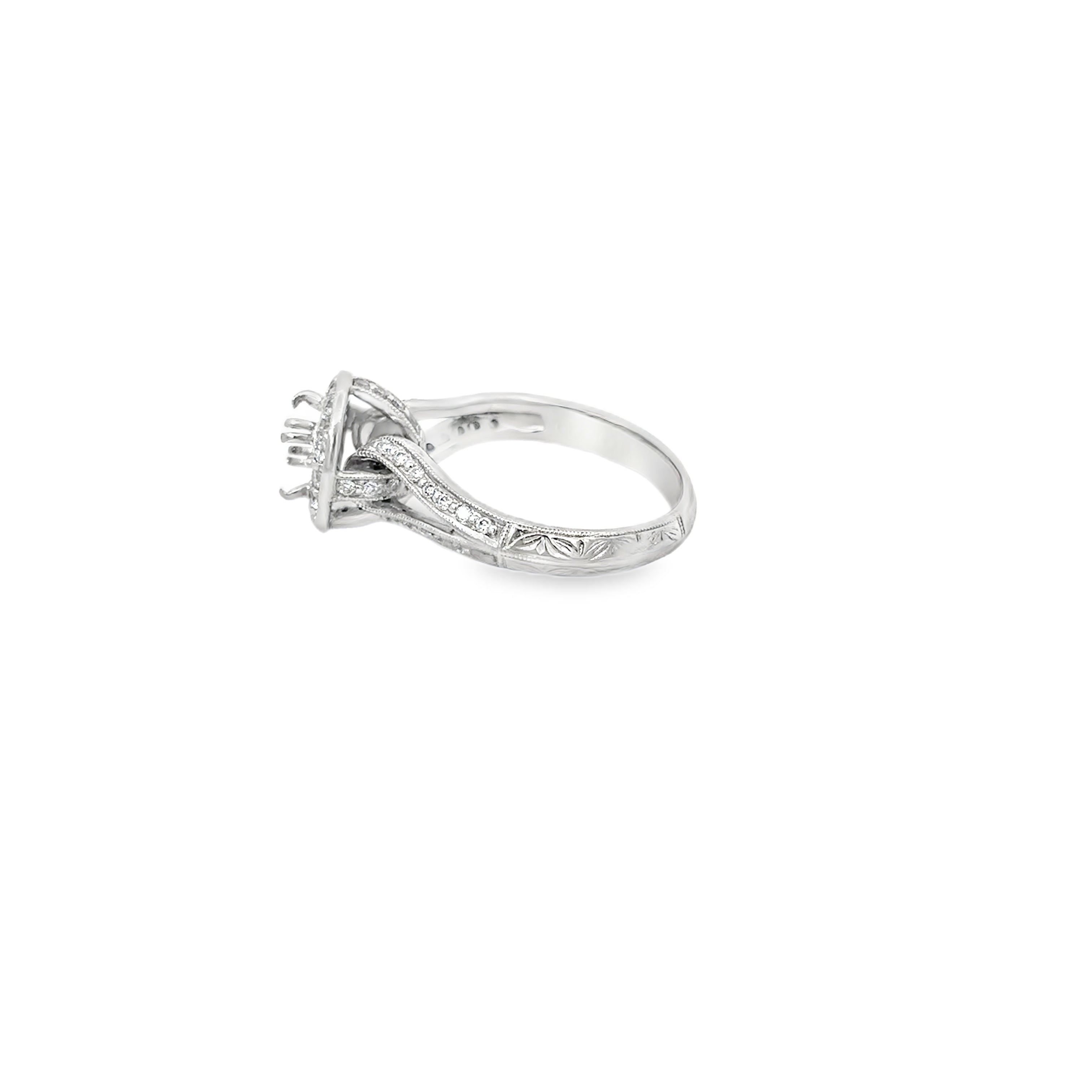 14K White Gold Ribbon Design with Halo and Shared Prong