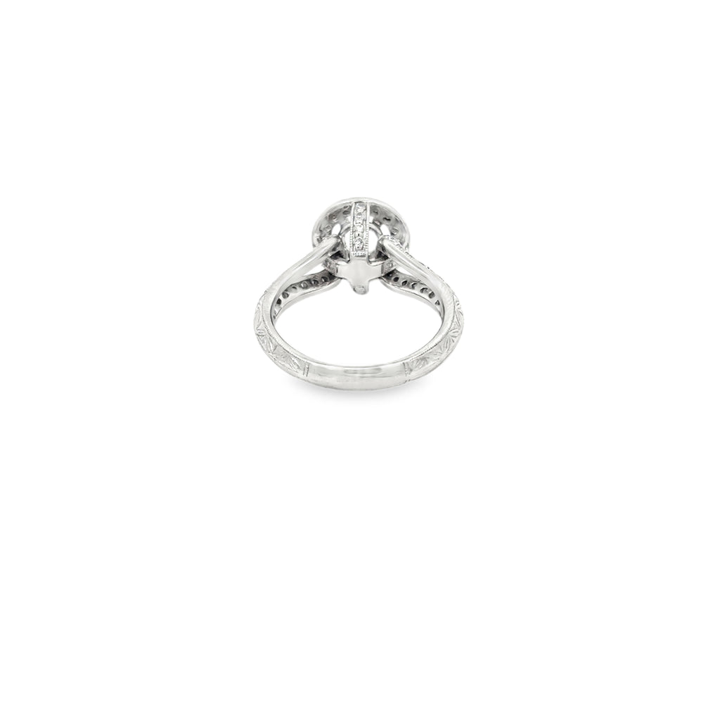 14K White Gold Ribbon Design with Halo and Shared Prong