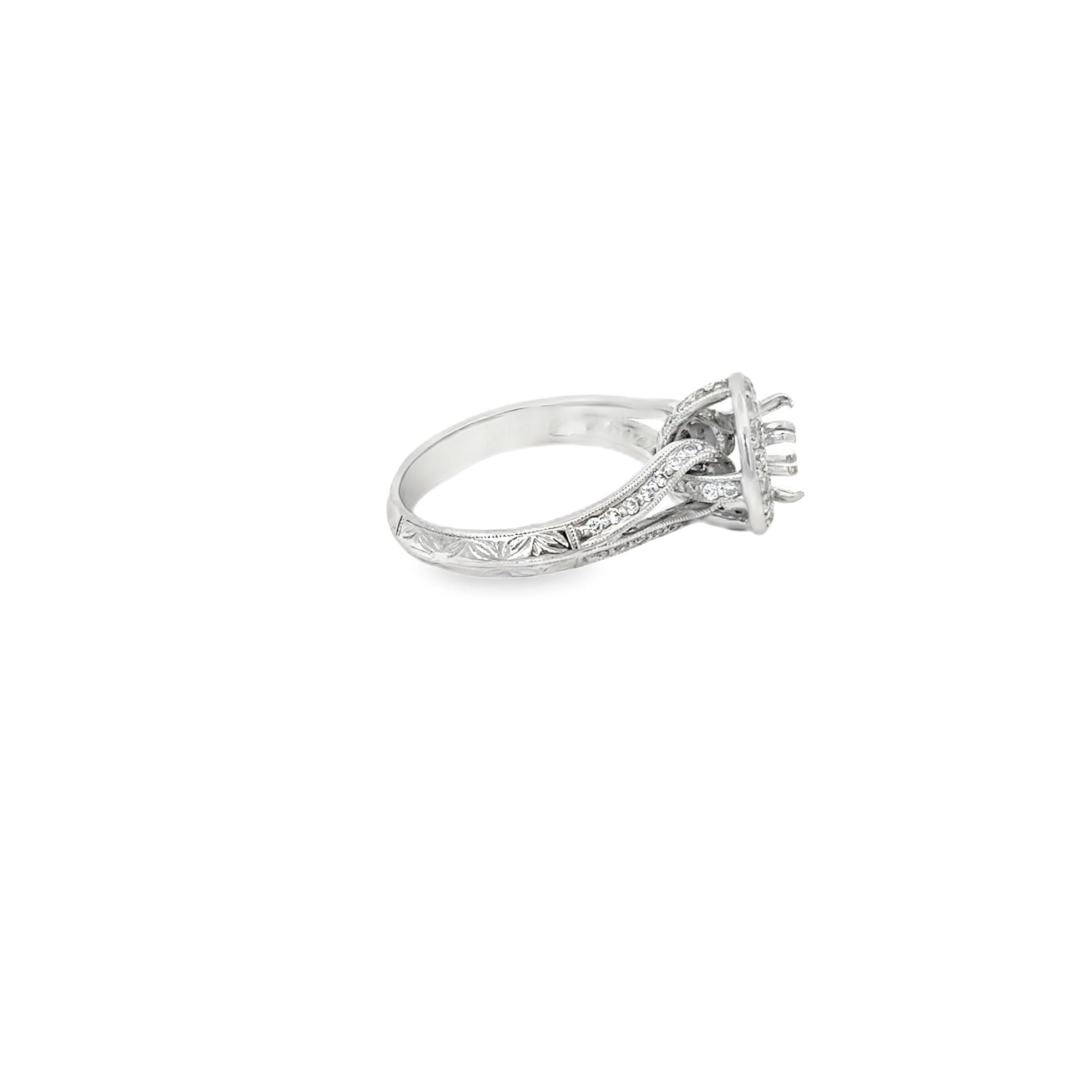 14K White Gold Ribbon Design with Halo and Shared Prong