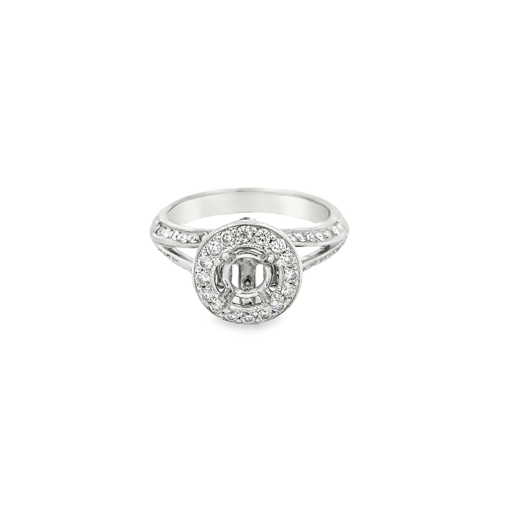 14K White Gold Ribbon Design with Halo and Shared Prong