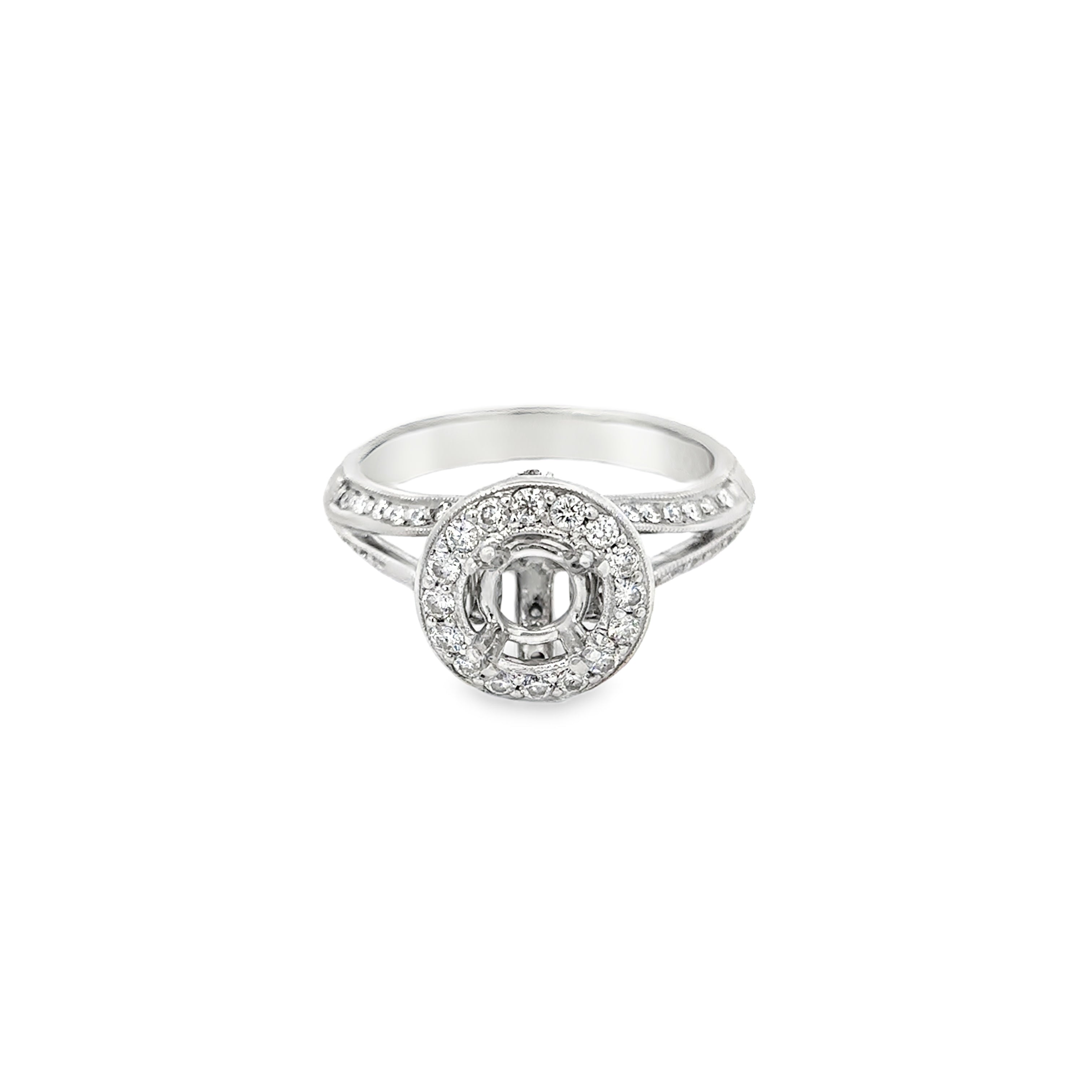 14K White Gold Ribbon Design with Halo and Shared Prong