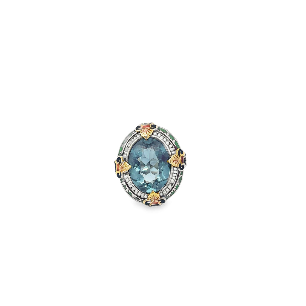 10K White Gold Oval Blue Topaz with Hand Enamel Surrounded by Seed Pearls