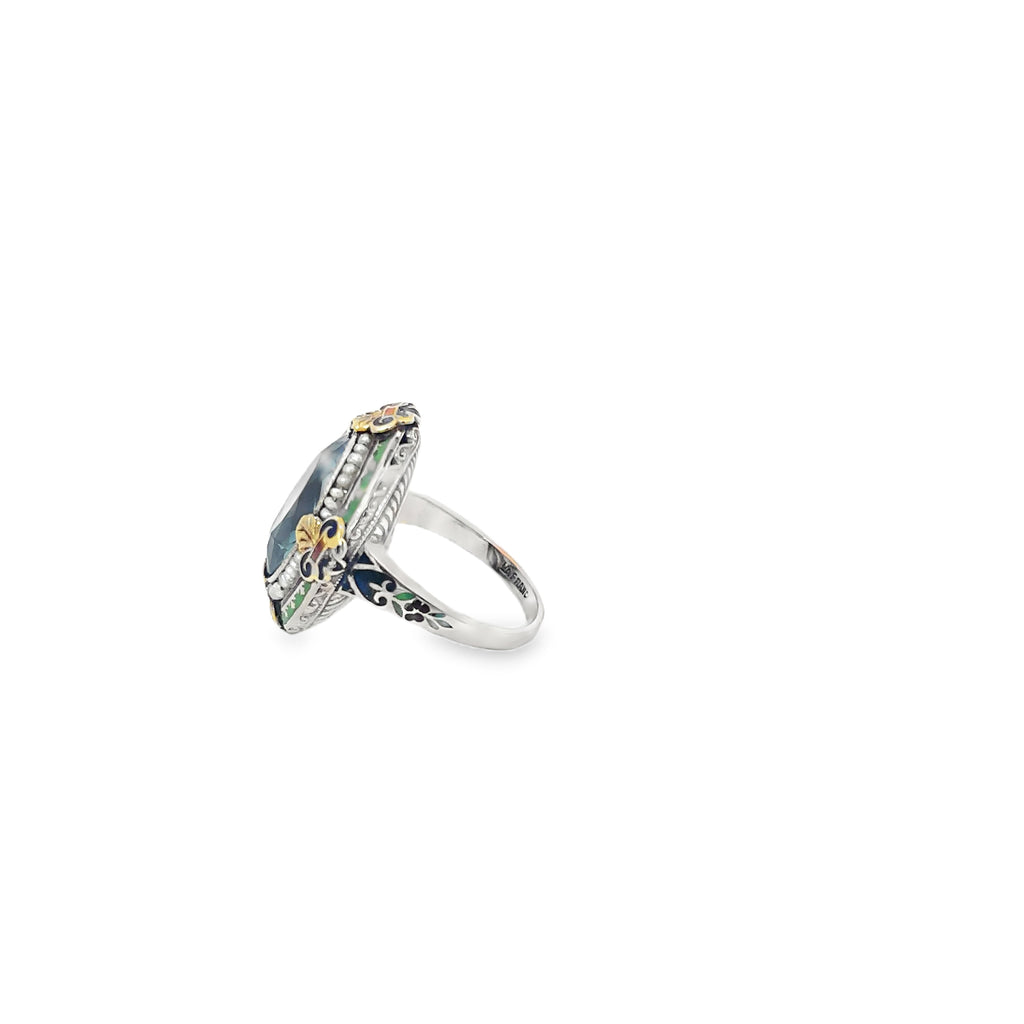 10K White Gold Oval Blue Topaz with Hand Enamel Surrounded by Seed Pearls