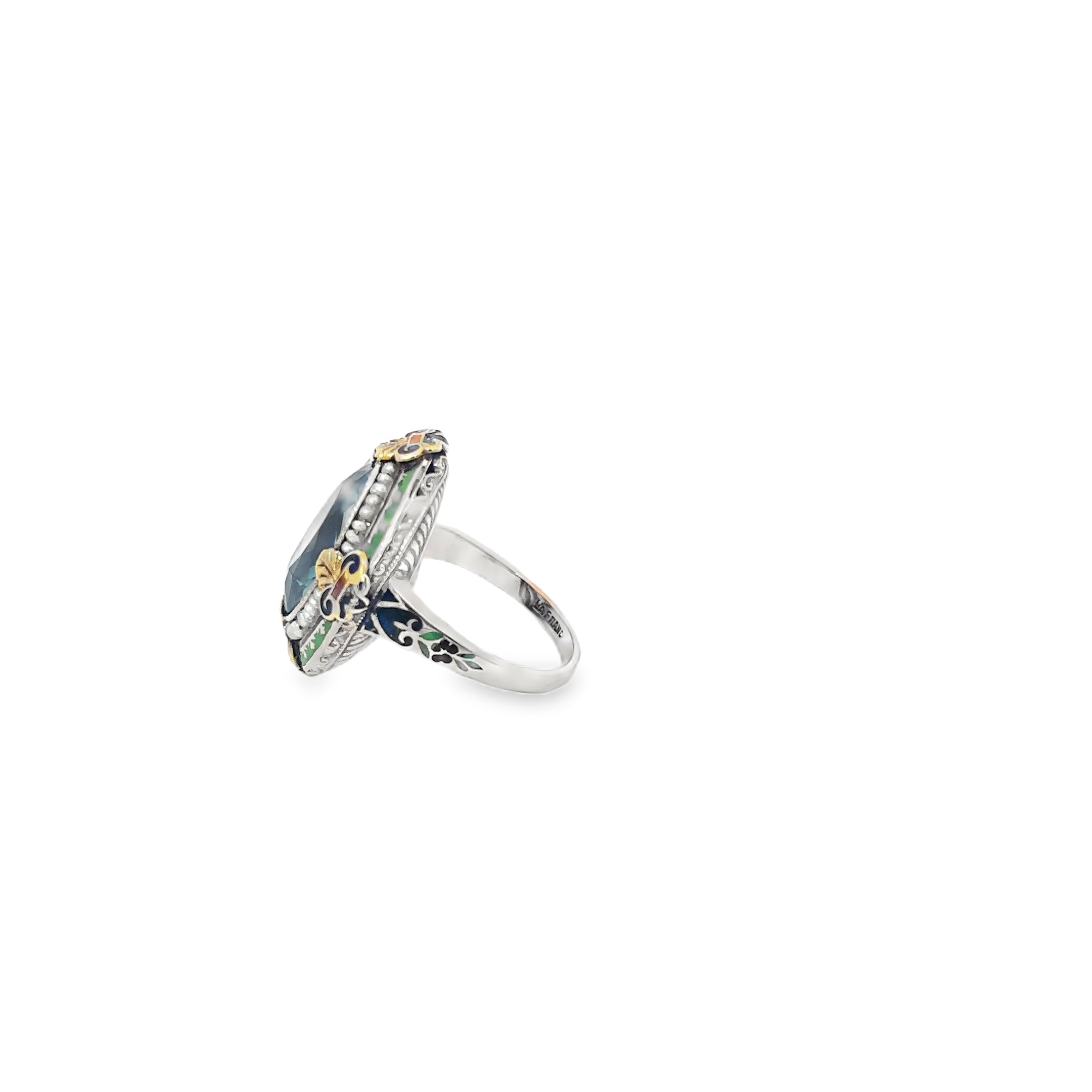 10K White Gold Oval Blue Topaz with Hand Enamel Surrounded by Seed Pearls