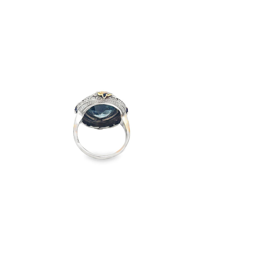 10K White Gold Oval Blue Topaz with Hand Enamel Surrounded by Seed Pearls