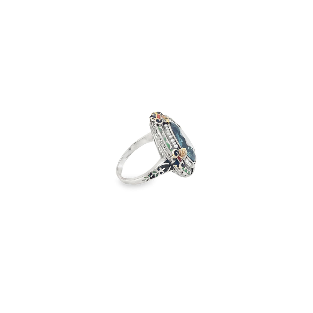 10K White Gold Oval Blue Topaz with Hand Enamel Surrounded by Seed Pearls