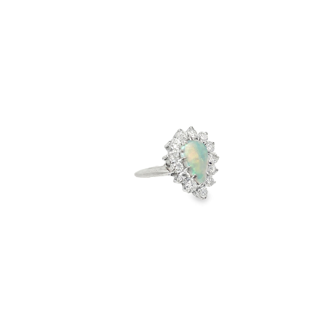 14K White Gold Pear Shaped Opal Surrounded by Diamonds