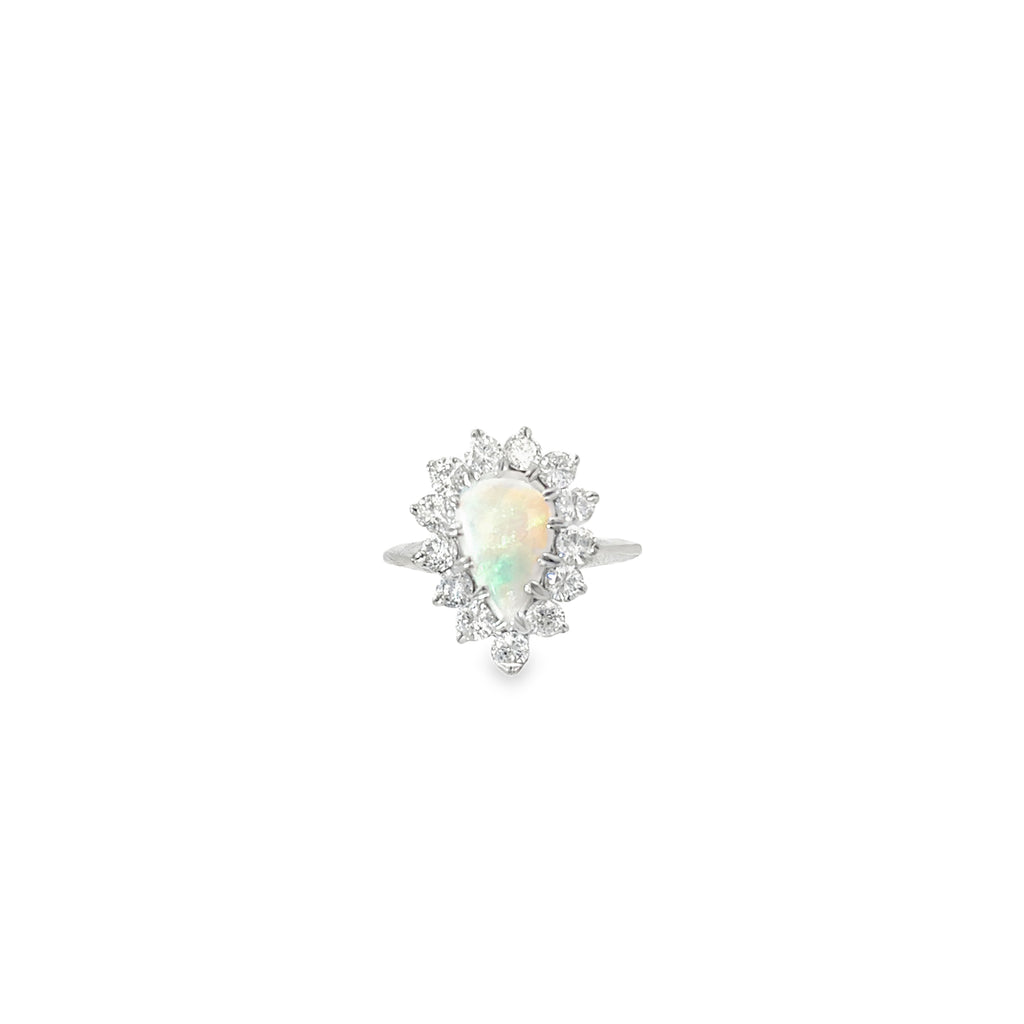 14K White Gold Pear Shaped Opal Surrounded by Diamonds