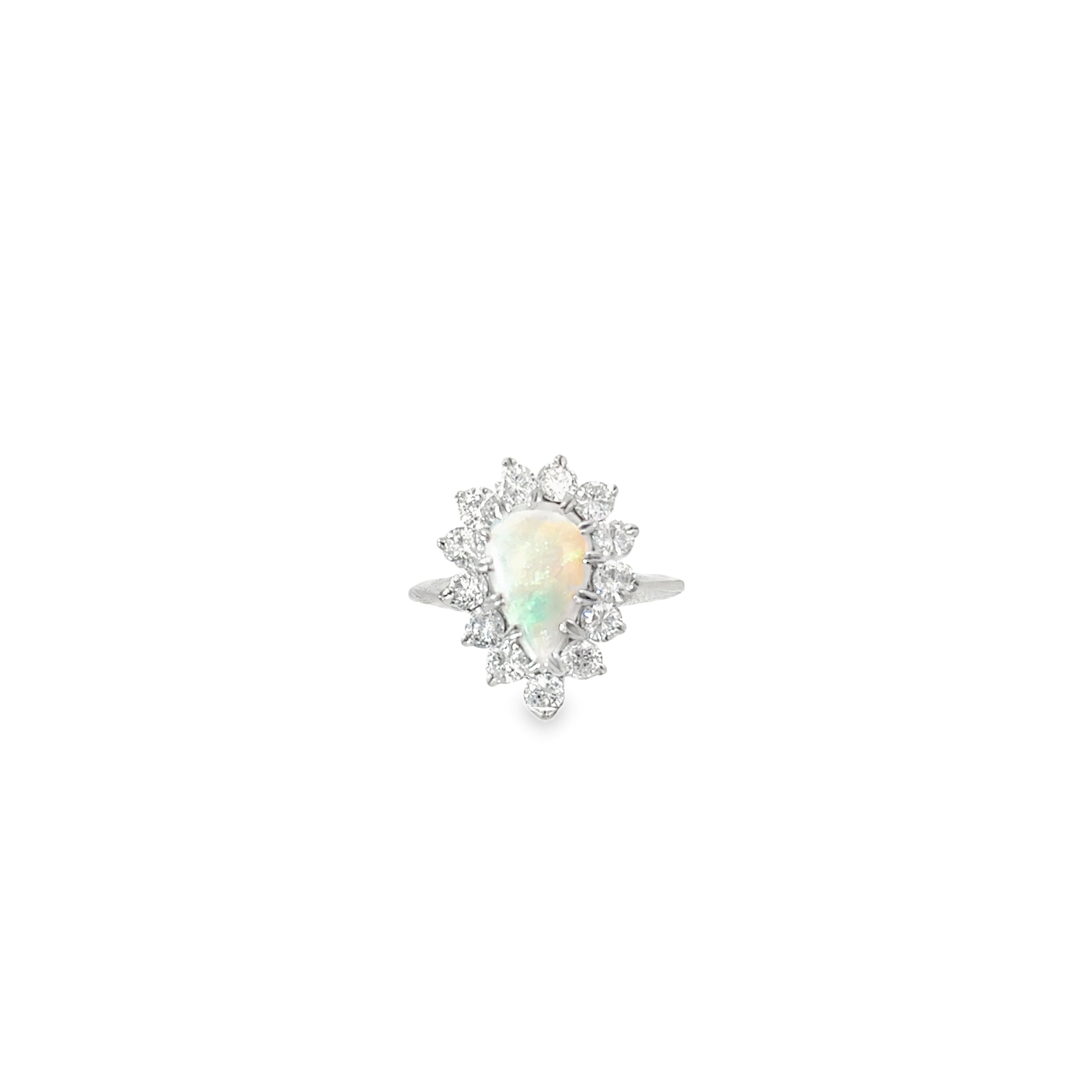 14K White Gold Pear Shaped Opal Surrounded by Diamonds