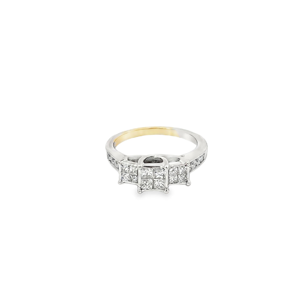 14K White Gold Engagement Ring with 3 Clusters of Princess Cut Diamonds and Channel Set Diamond Accents