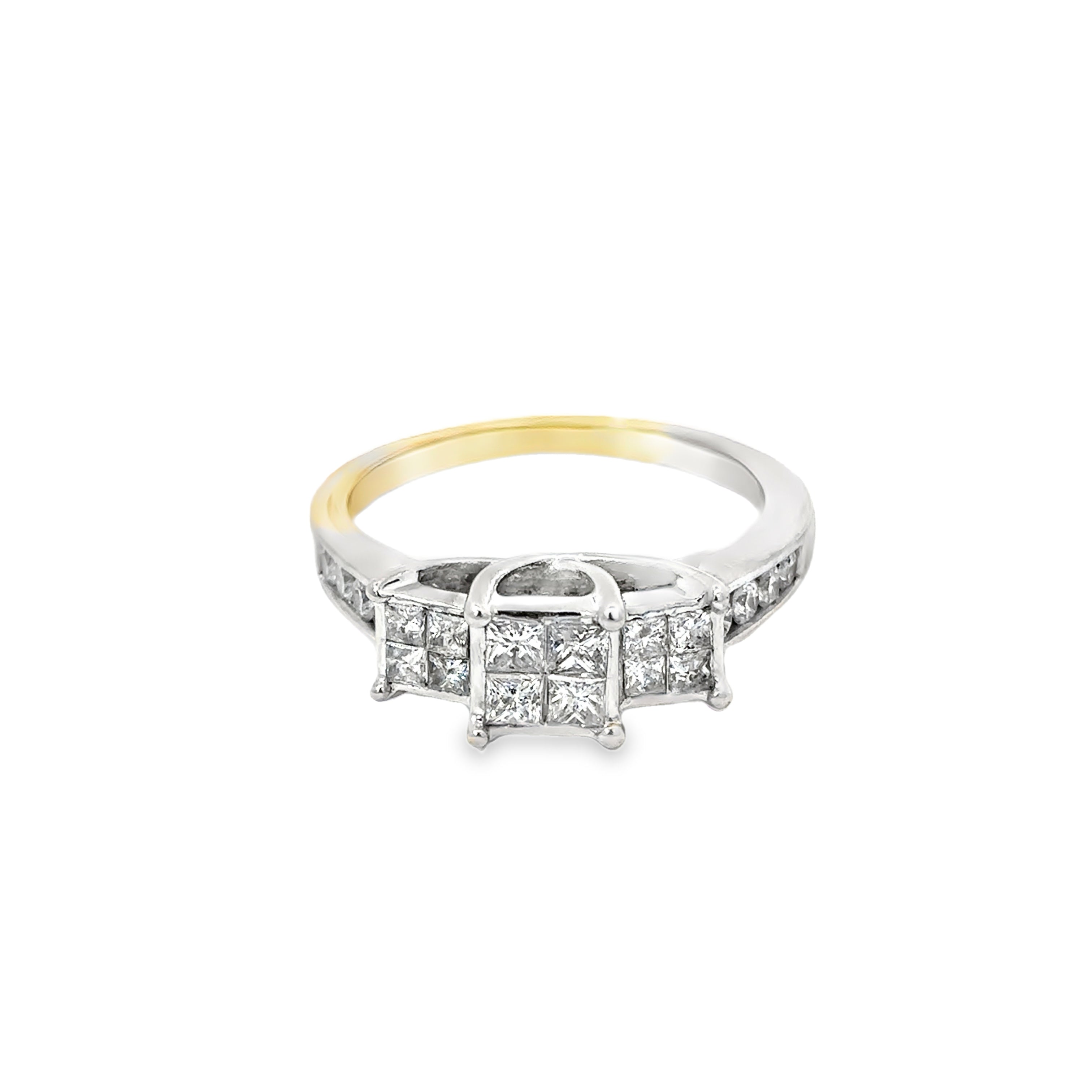 14K White Gold Engagement Ring with 3 Clusters of Princess Cut Diamonds and Channel Set Diamond Accents