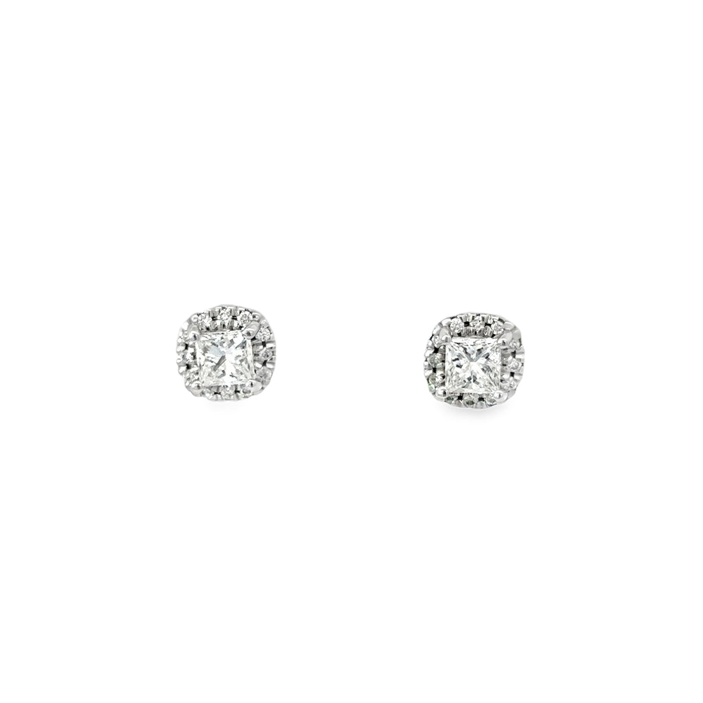 14K White Gold Princess Cut Diamond Earrings set in a Halo with Post Back