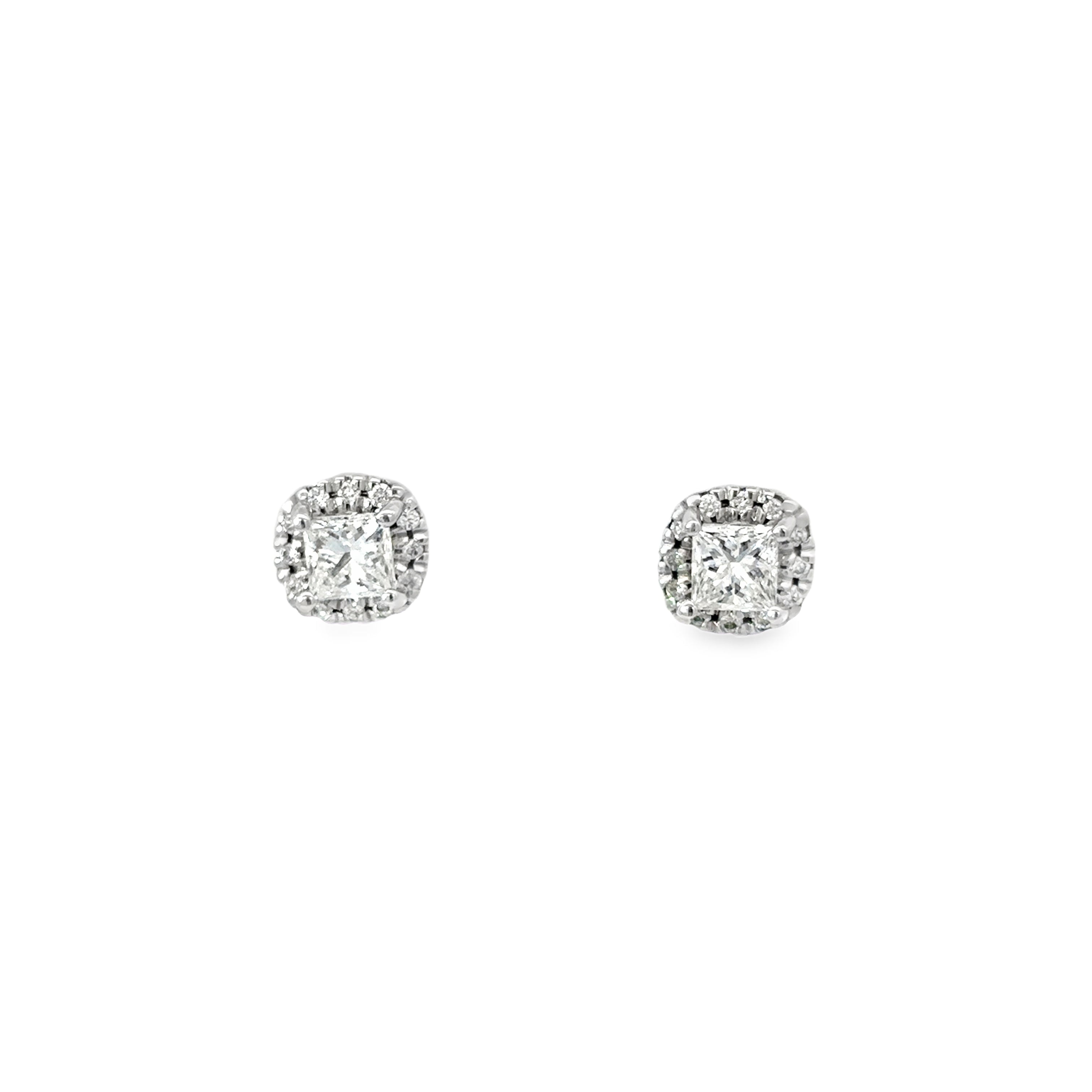 14K White Gold Princess Cut Diamond Earrings set in a Halo with Post Back