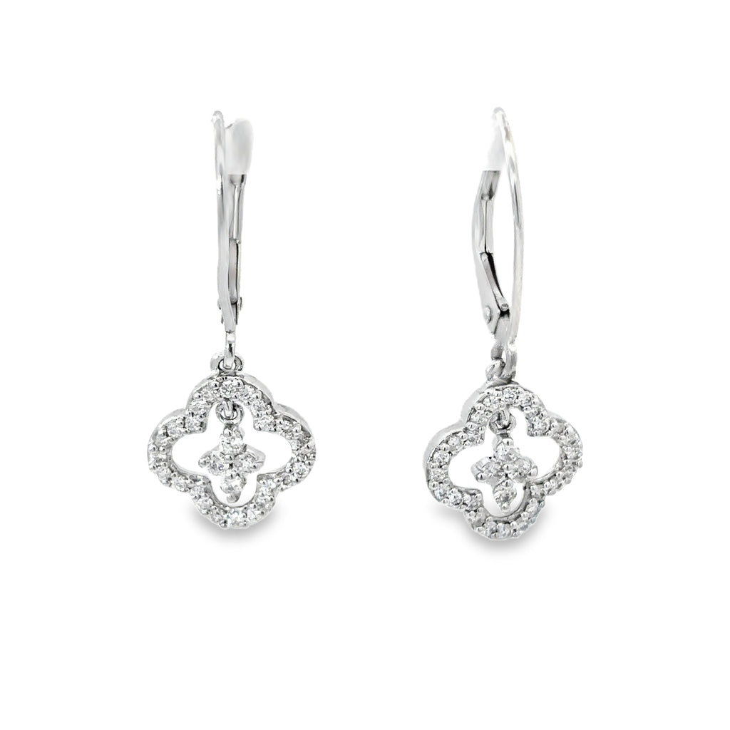 14K White Gold Diamond Dangling Clover Earrings on Euro Wires