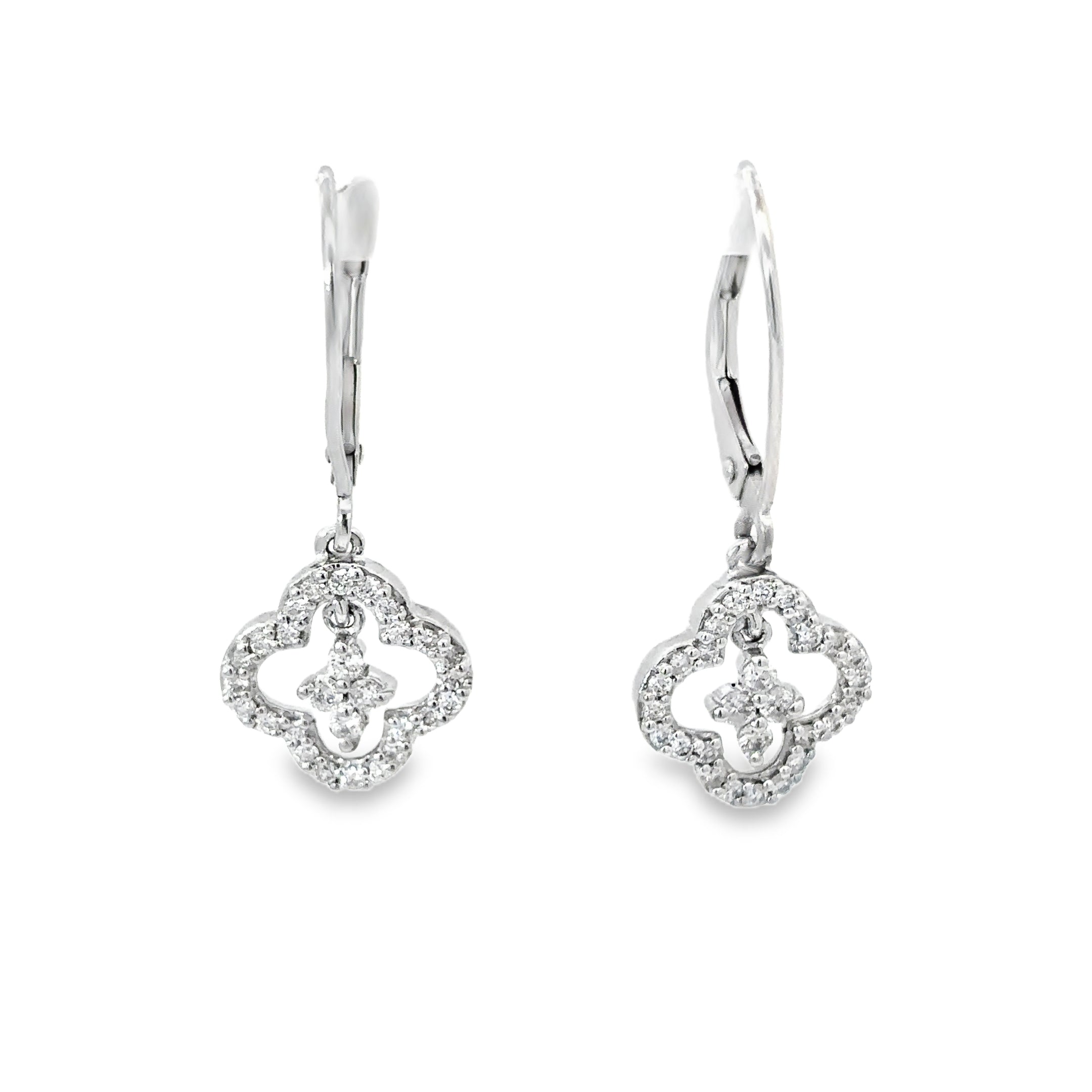 14K White Gold Diamond Dangling Clover Earrings on Euro Wires