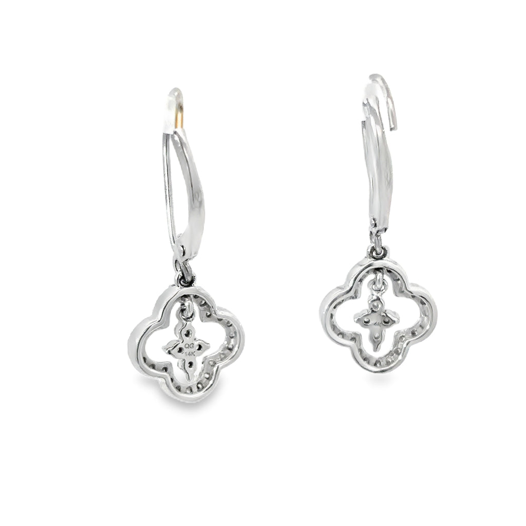 14K White Gold Diamond Dangling Clover Earrings on Euro Wires
