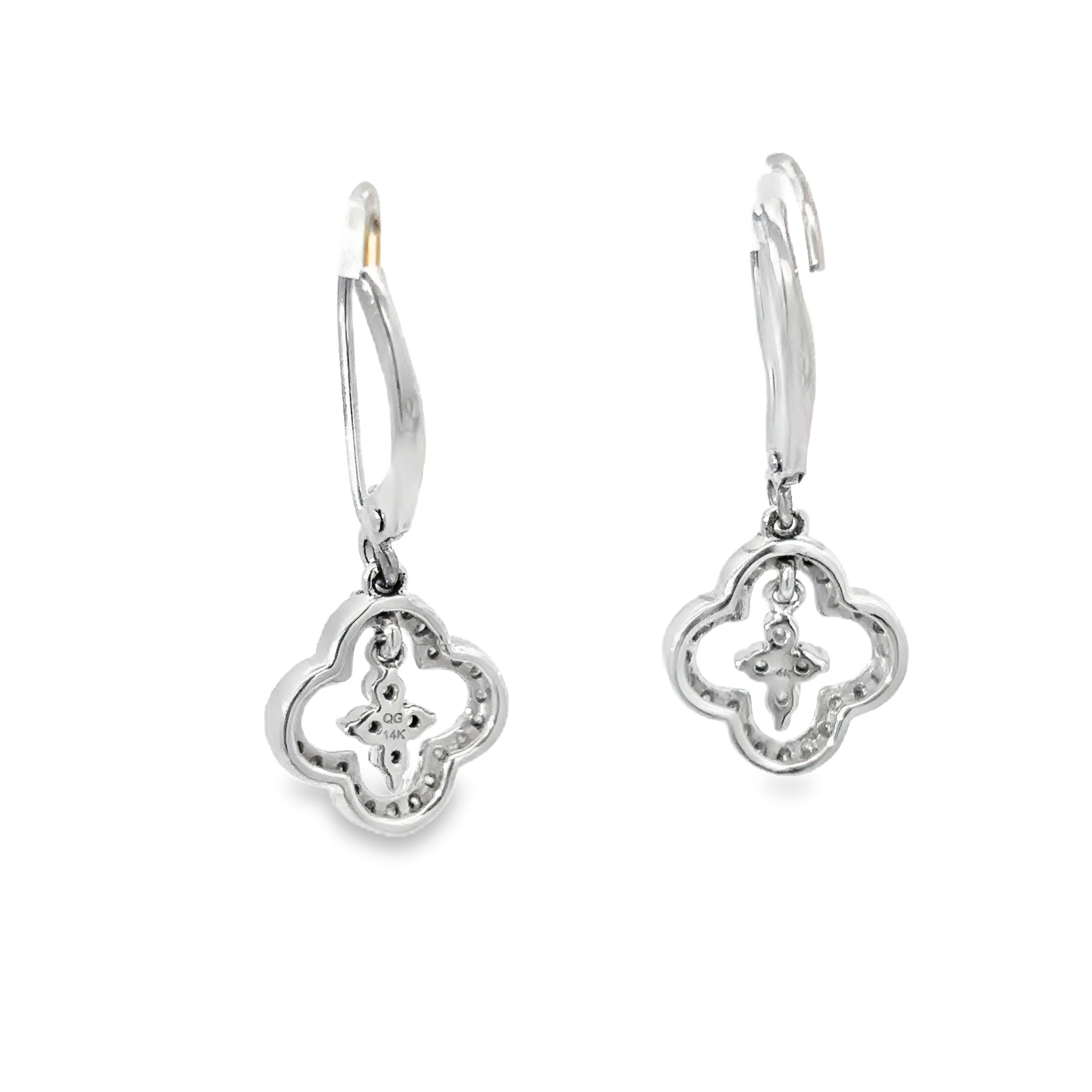14K White Gold Diamond Dangling Clover Earrings on Euro Wires
