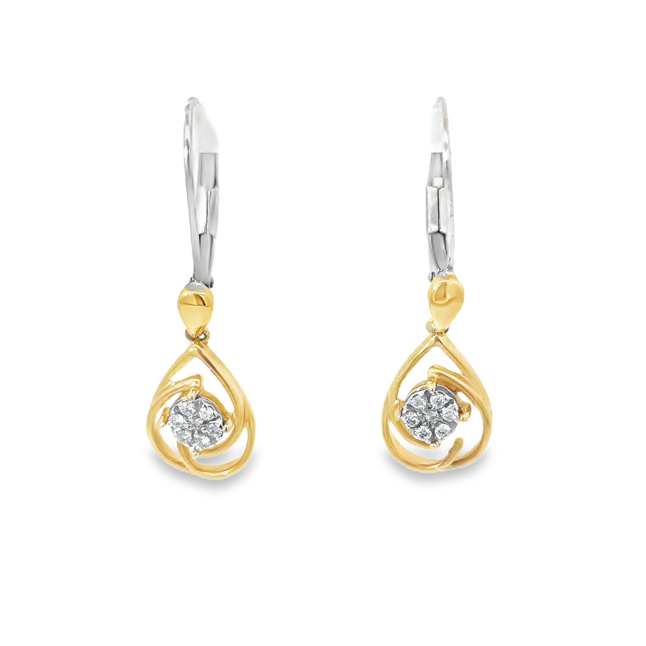 14K White and Yellow Gold Teardrop Earrings with Diamond Clusters