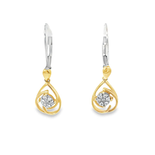 14K White and Yellow Gold Teardrop Earrings with Diamond Clusters