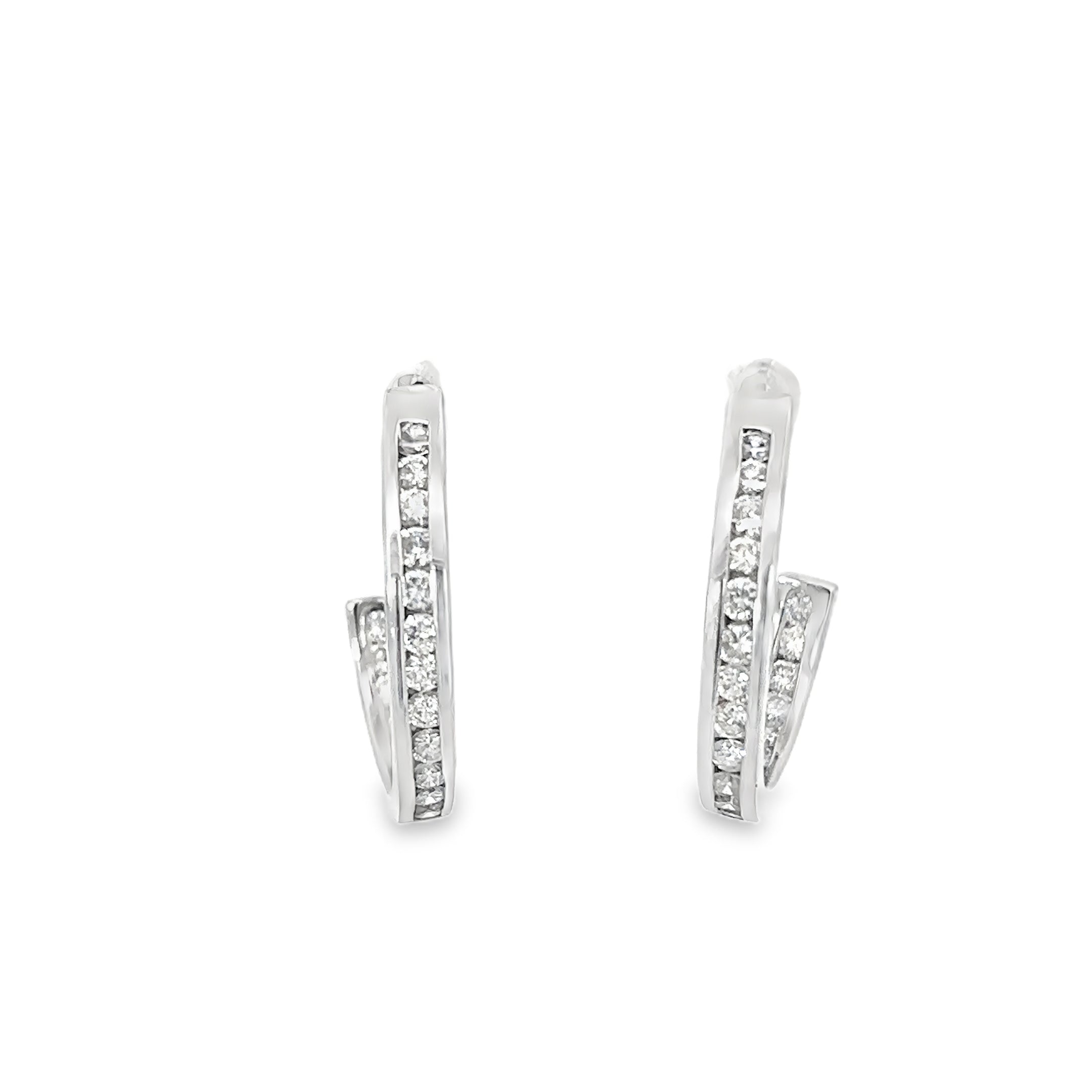 14K White Gold Inner and Outer Channel set Diamond Hoop Earrings with Post Backs