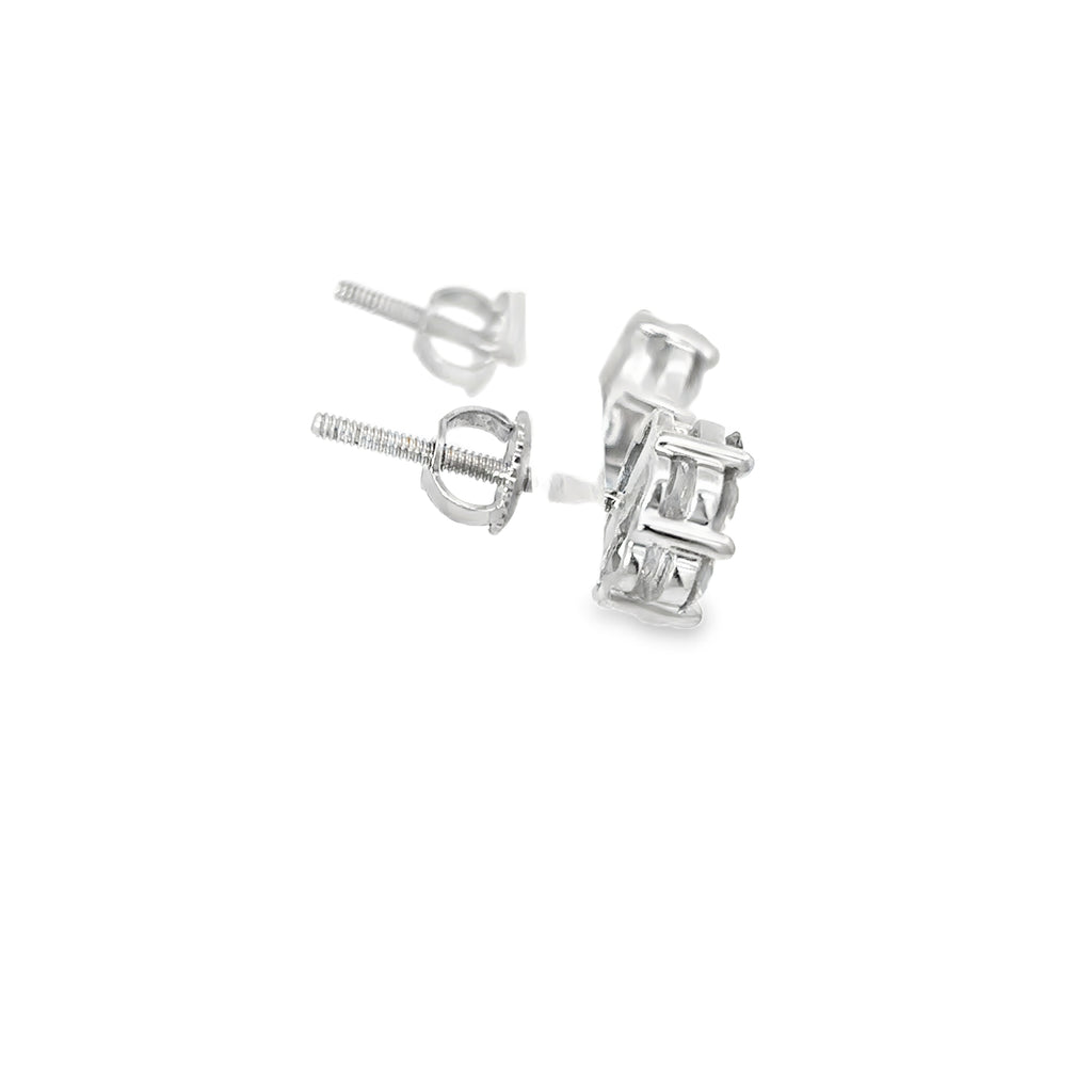14K White Gold Diamond Flower Cluster Earrings with Screw Backs