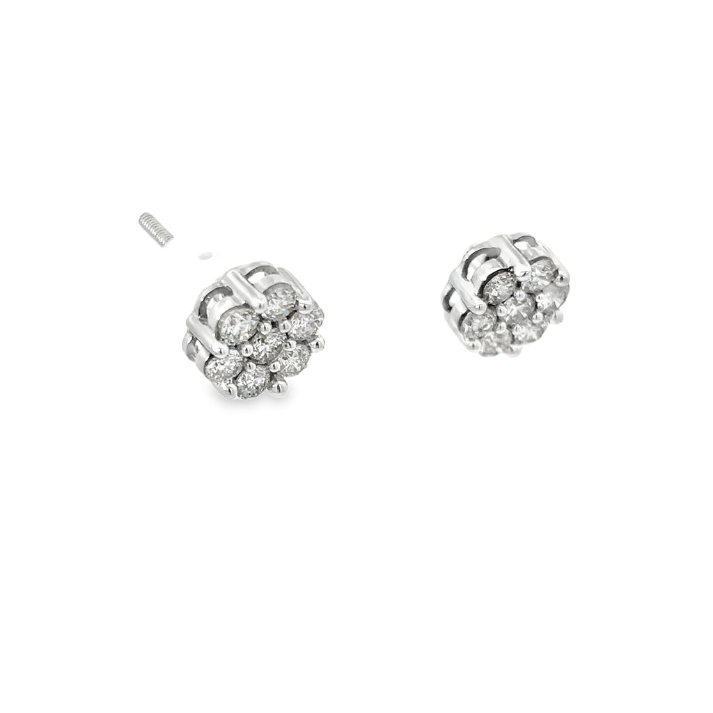 14K White Gold Diamond Flower Cluster Earrings with Screw Backs