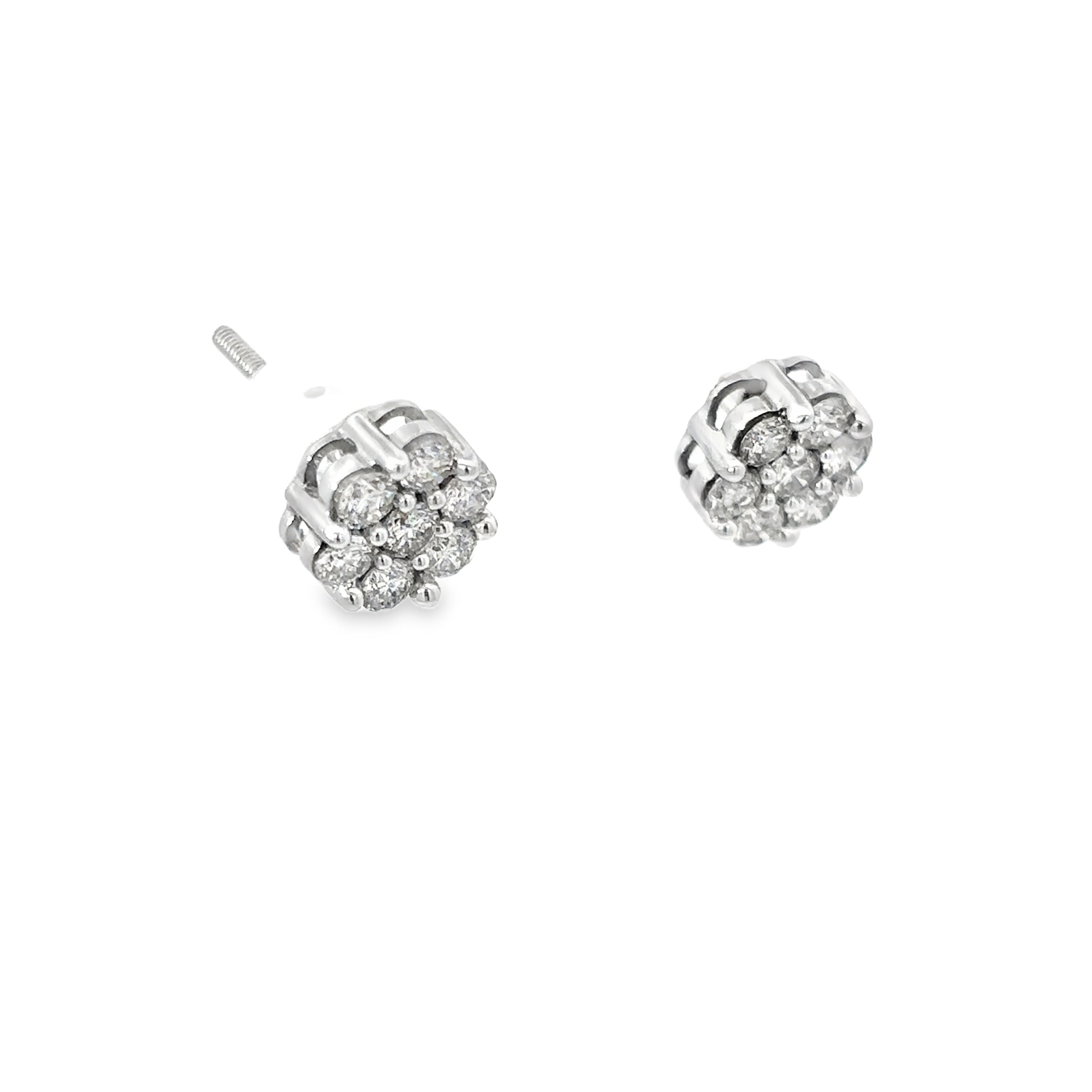 14K White Gold Diamond Flower Cluster Earrings with Screw Backs