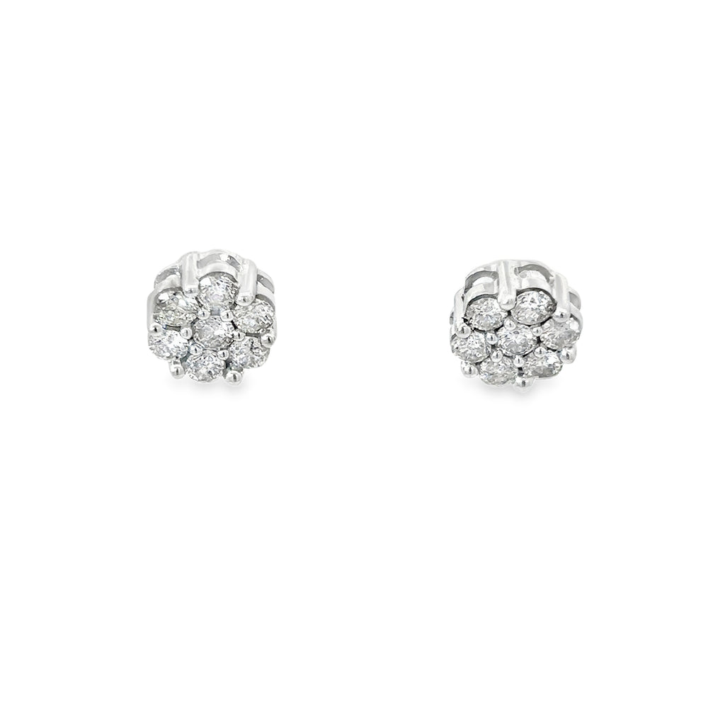 14K White Gold Diamond Flower Cluster Earrings with Screw Backs