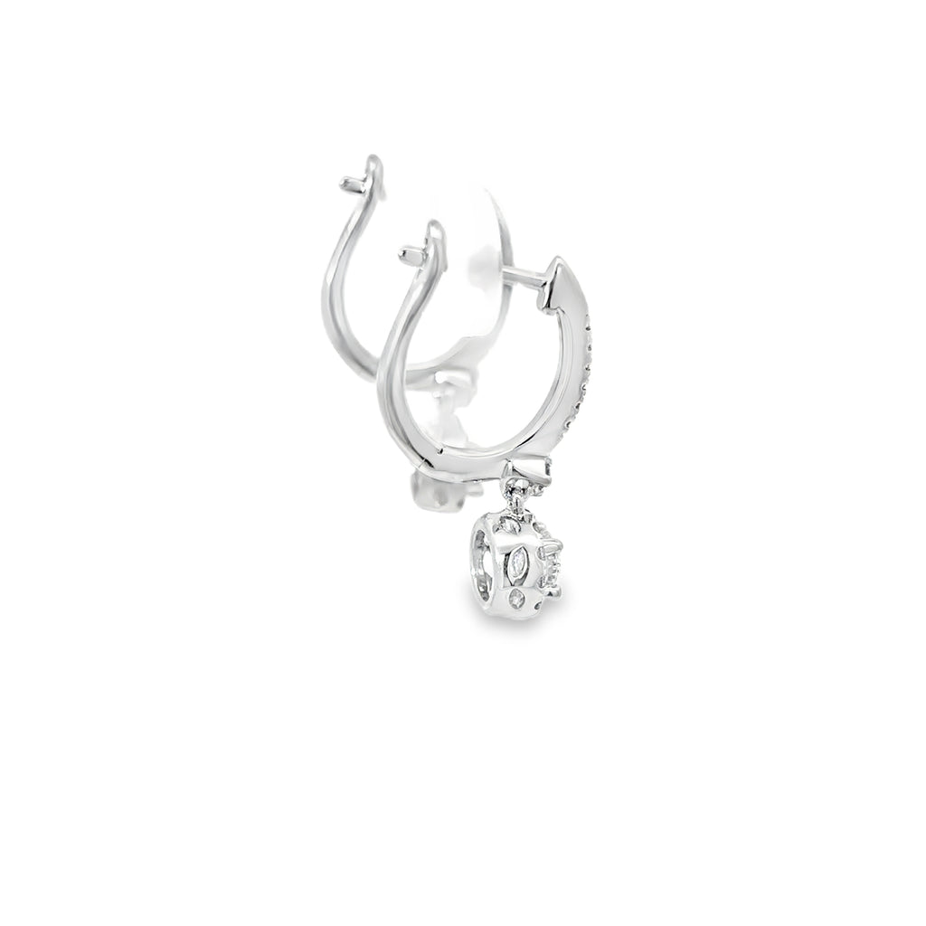 14K White Gold Diamond Encrusted Hug Earring with a Dangling Diamond Halo