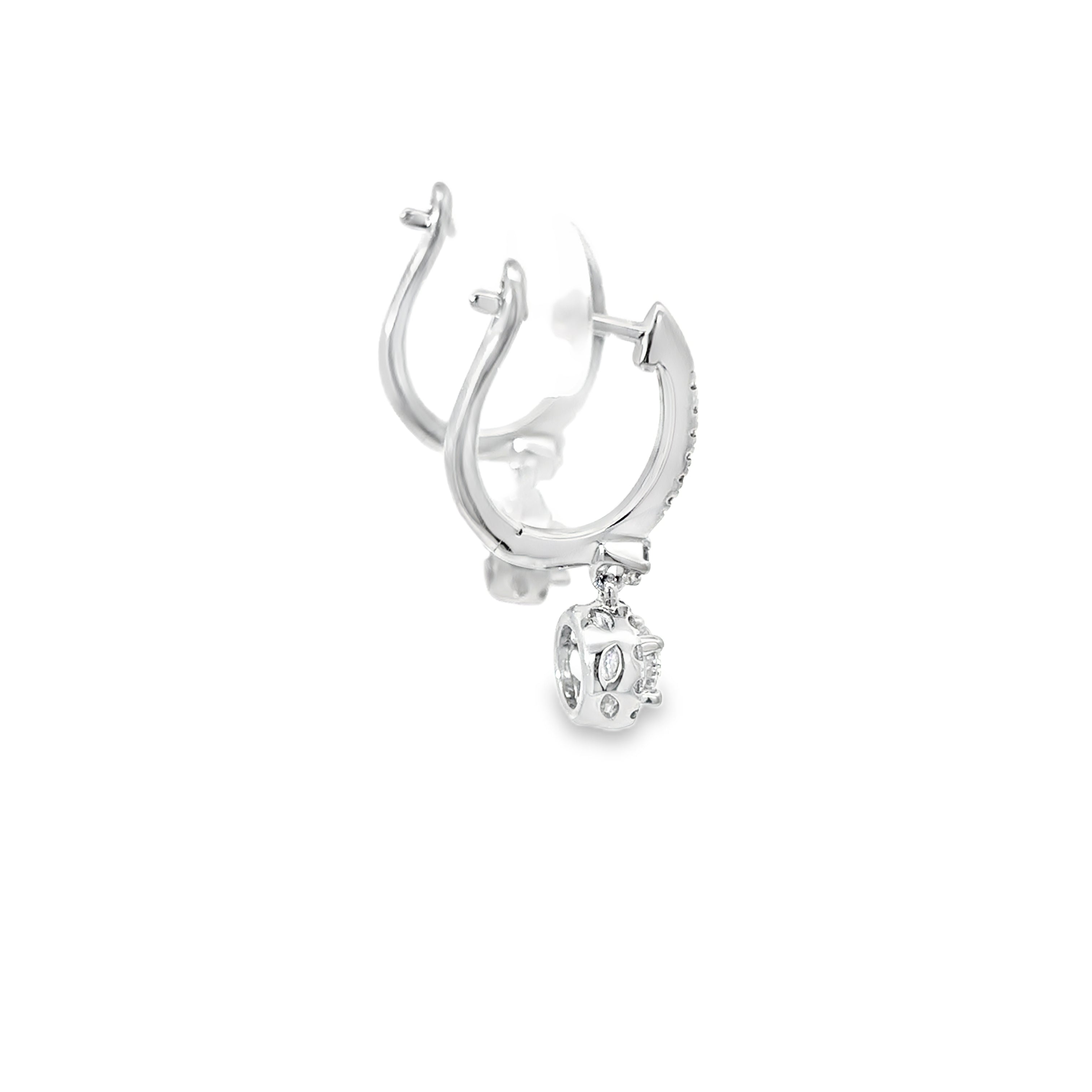14K White Gold Diamond Encrusted Hug Earring with a Dangling Diamond Halo