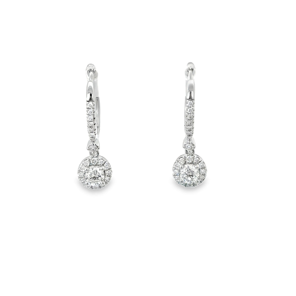 14K White Gold Diamond Encrusted Hug Earring with a Dangling Diamond Halo