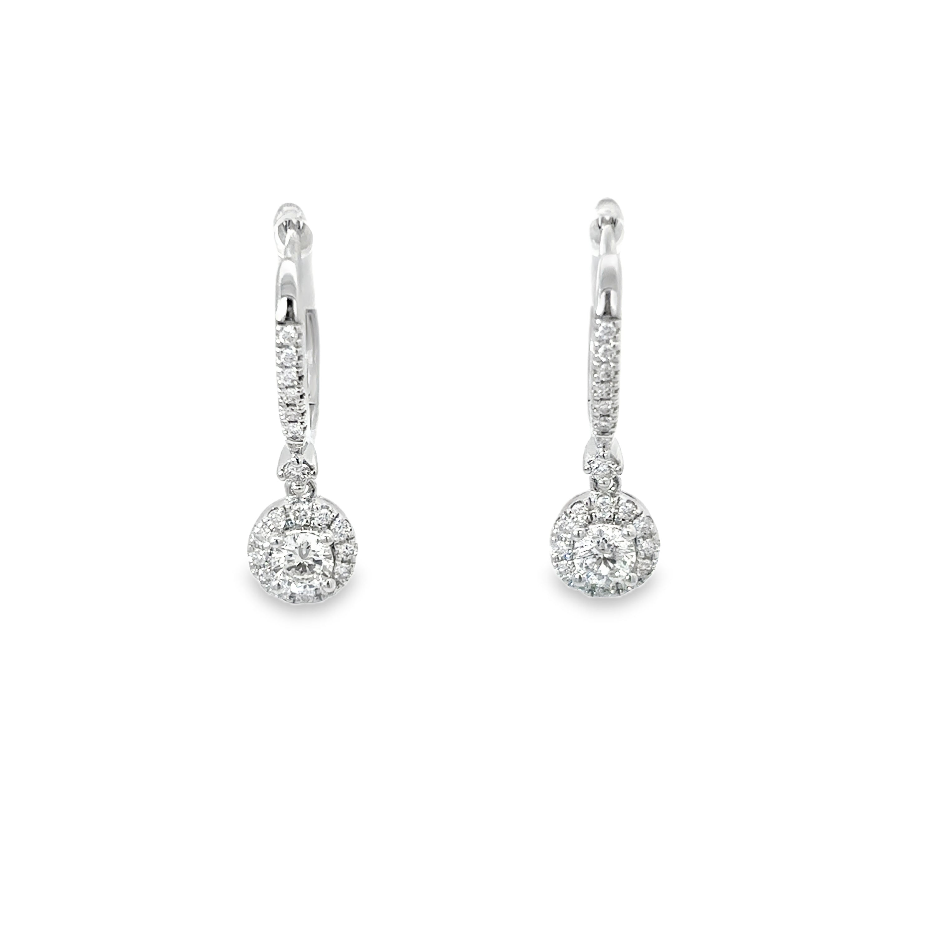 14K White Gold Diamond Encrusted Hug Earring with a Dangling Diamond Halo