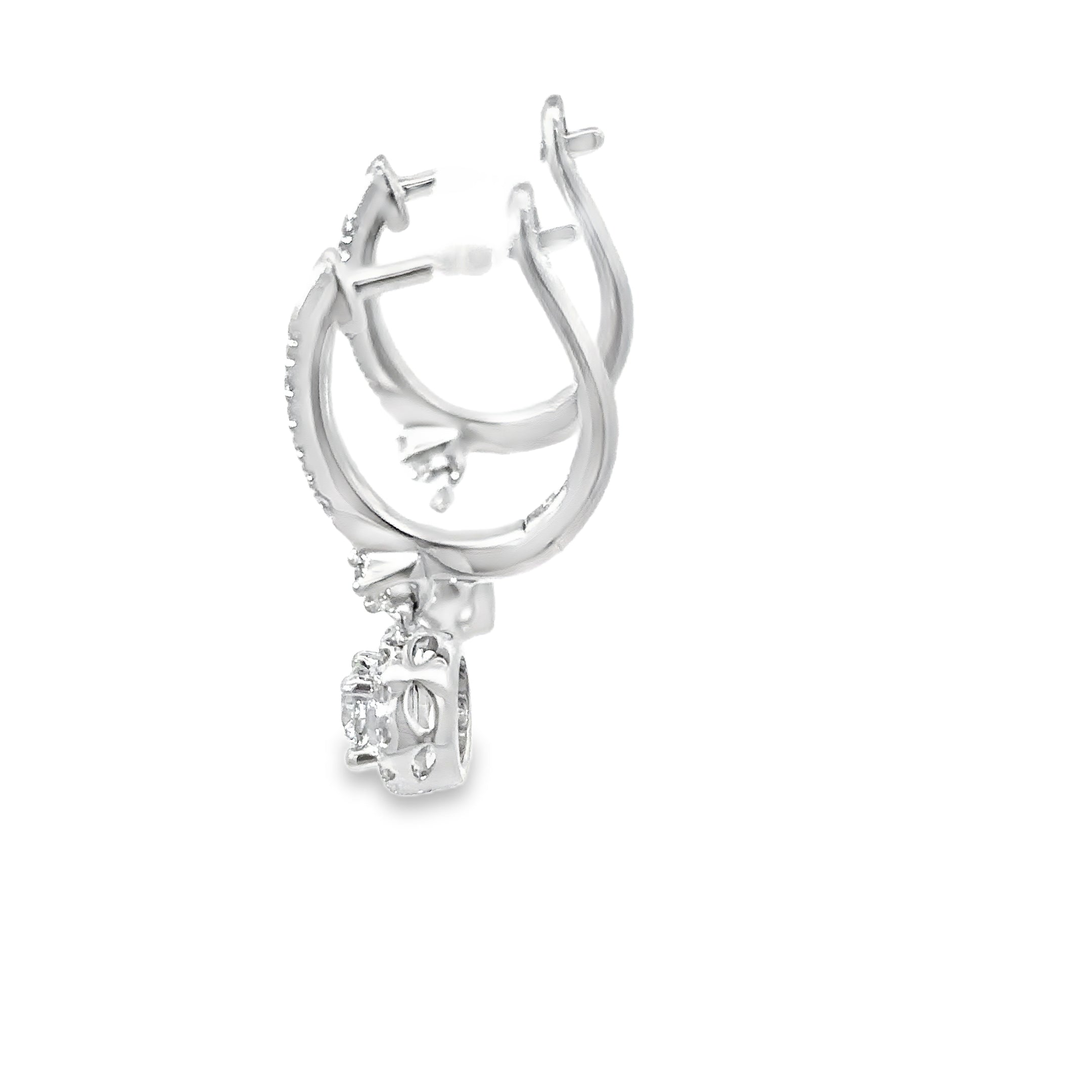 14K White Gold Diamond Encrusted Hug Earring with a Dangling Diamond Halo