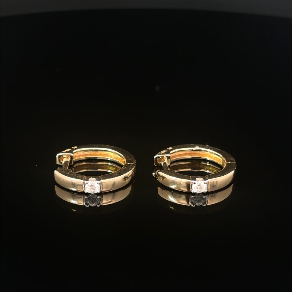 14K Yellow Gold Diamond Hug Earrings with a Single Round Brilliant Cut Diamond