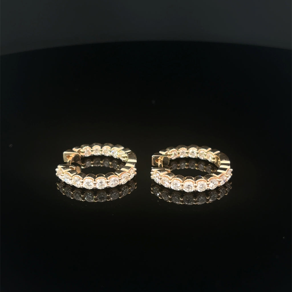 14K Yellow Gold In Out Diamond Hoop Earrings with Milgrain Edge