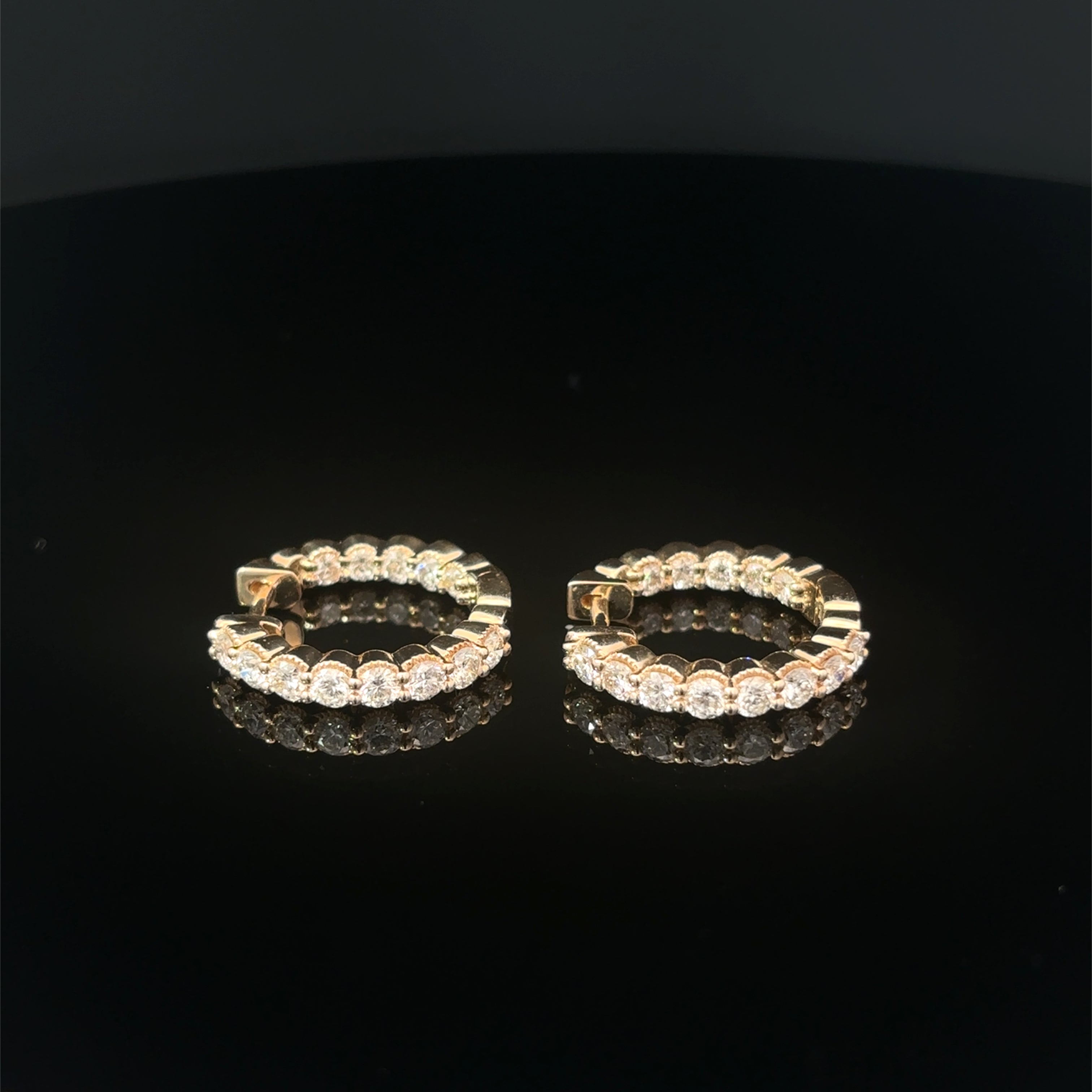 14K Yellow Gold In Out Diamond Hoop Earrings with Milgrain Edge