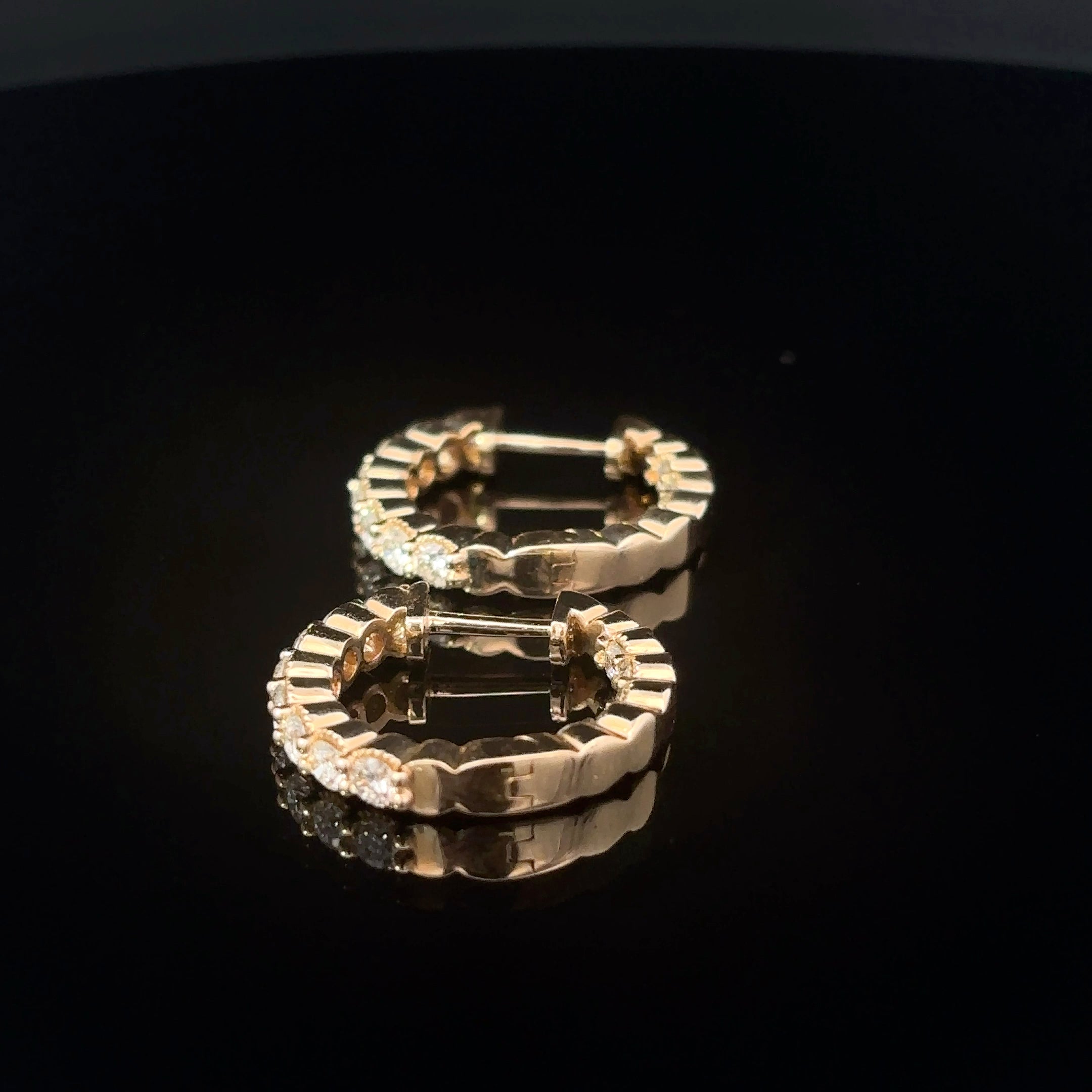 14K Yellow Gold In Out Diamond Hoop Earrings with Milgrain Edge