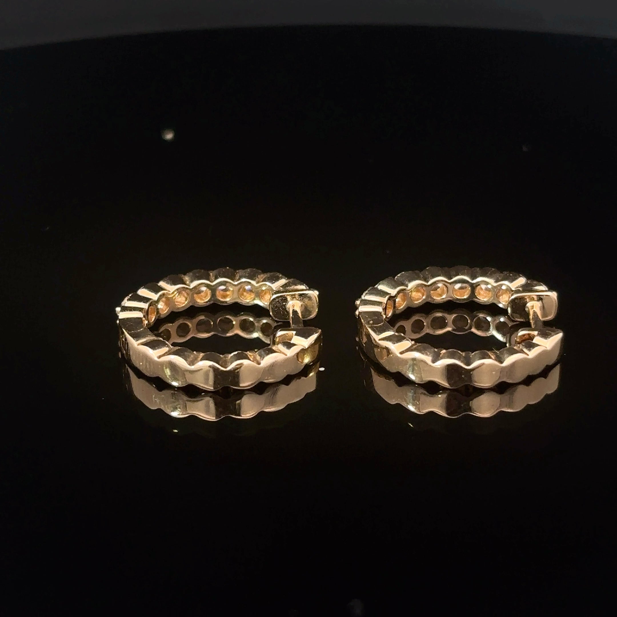 14K Yellow Gold In Out Diamond Hoop Earrings with Milgrain Edge