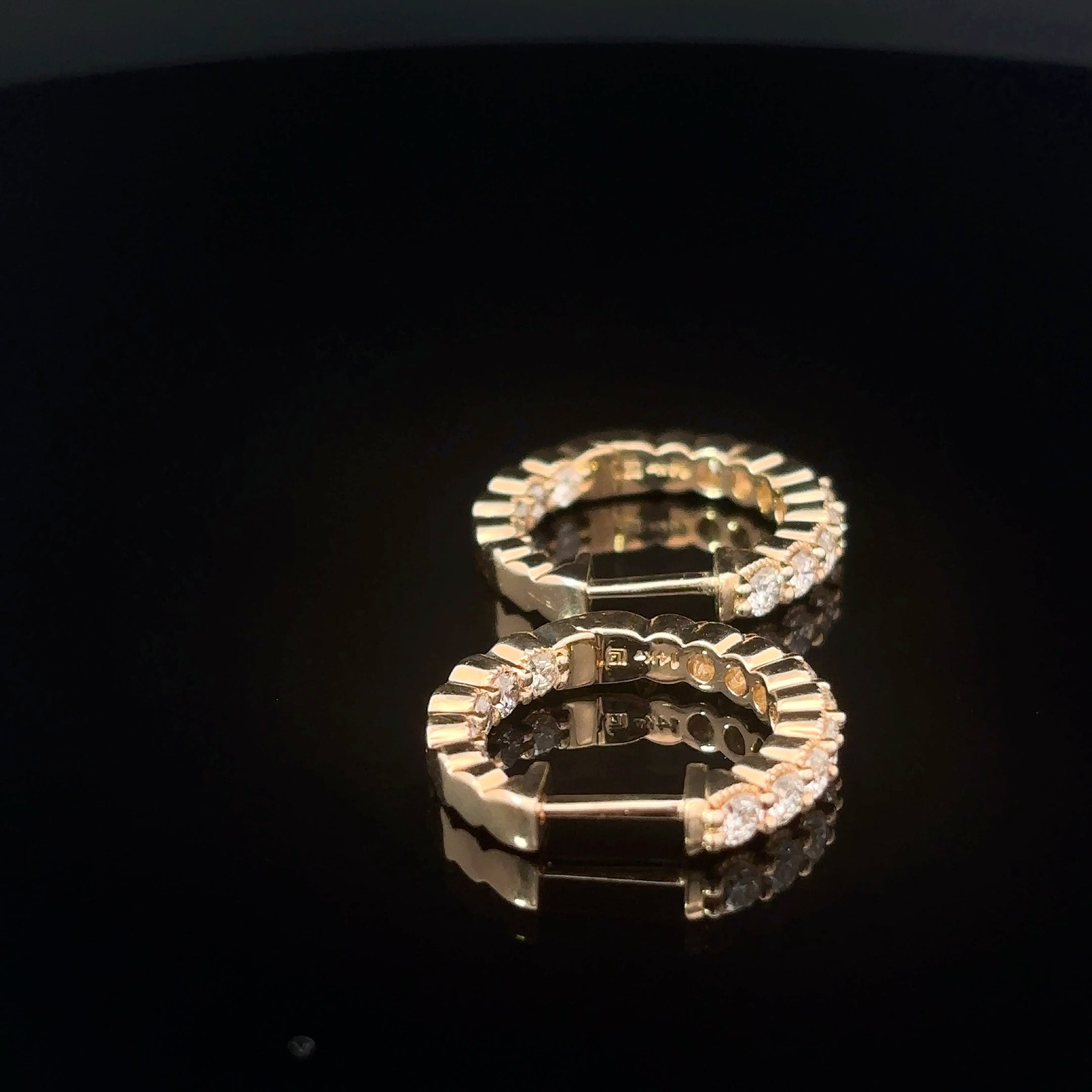 14K Yellow Gold In Out Diamond Hoop Earrings with Milgrain Edge
