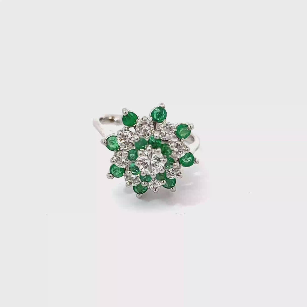 14K White Gold Emerald and Diamond Star Shaped Cocktail Ring