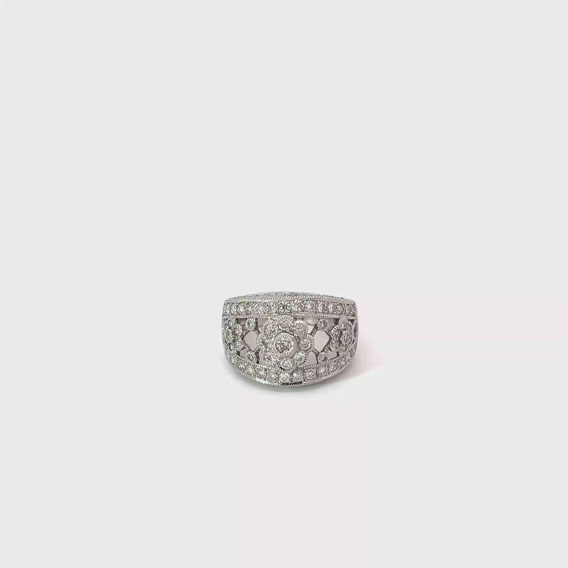 14K White Gold Three Diamond Flower Wide Band