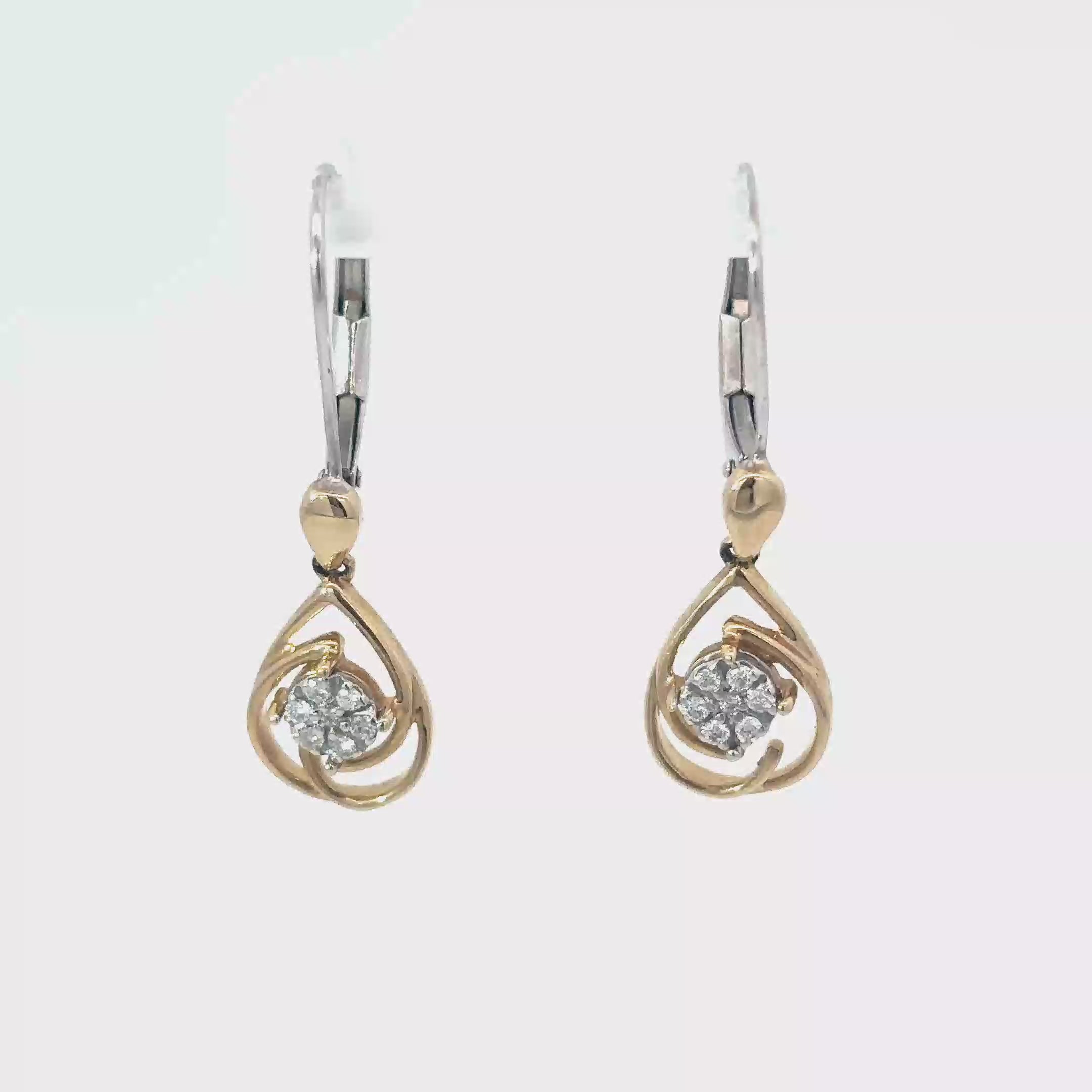 14K White and Yellow Gold Teardrop Earrings with Diamond Clusters
