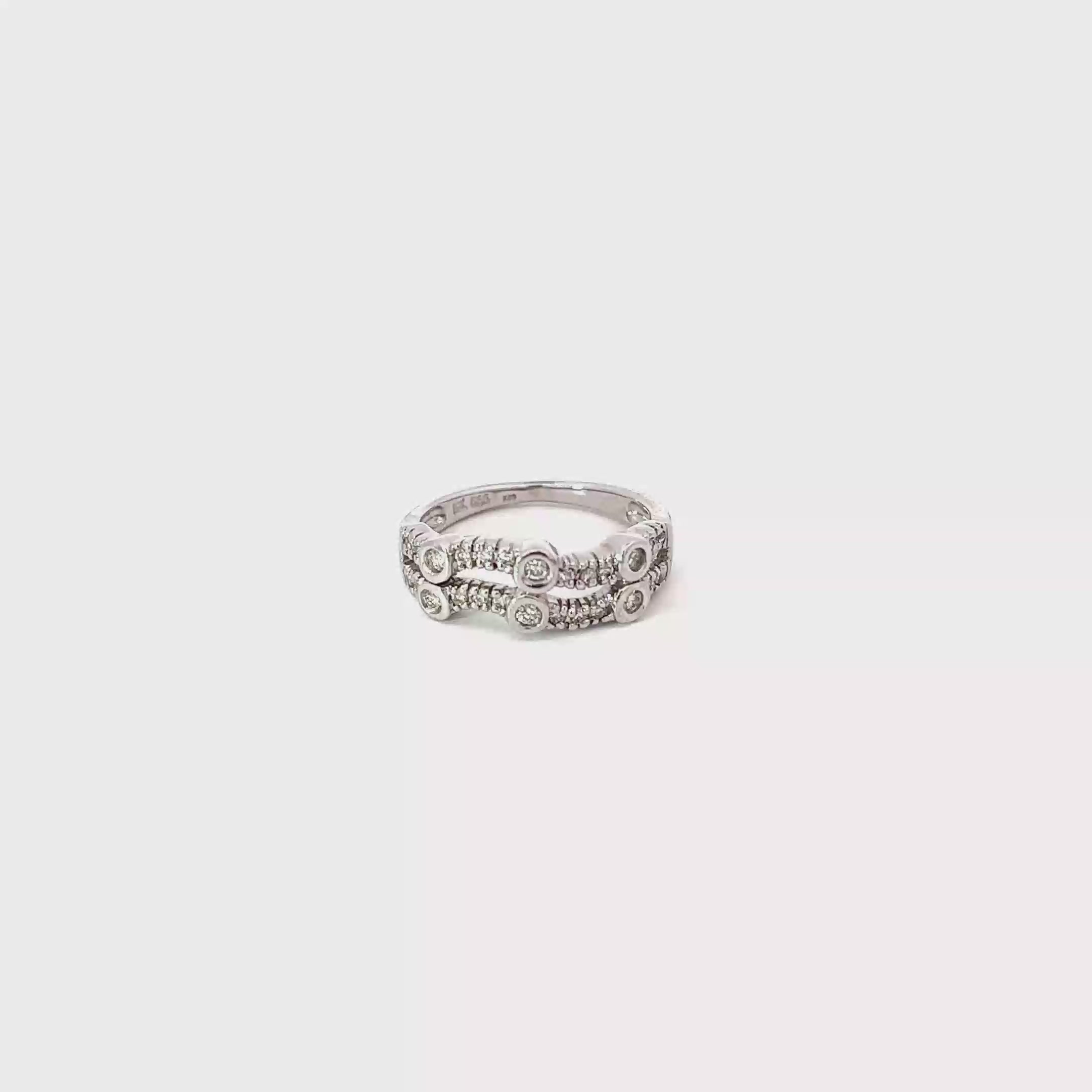 14K White Gold Double Wave Band with Bezel and Prong Set Diamonds