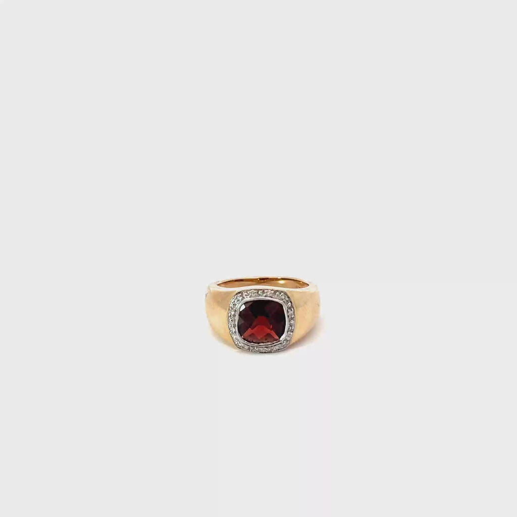 14K Yellow Gold Cushion Cut Garnet Ring with a Diamond Halo