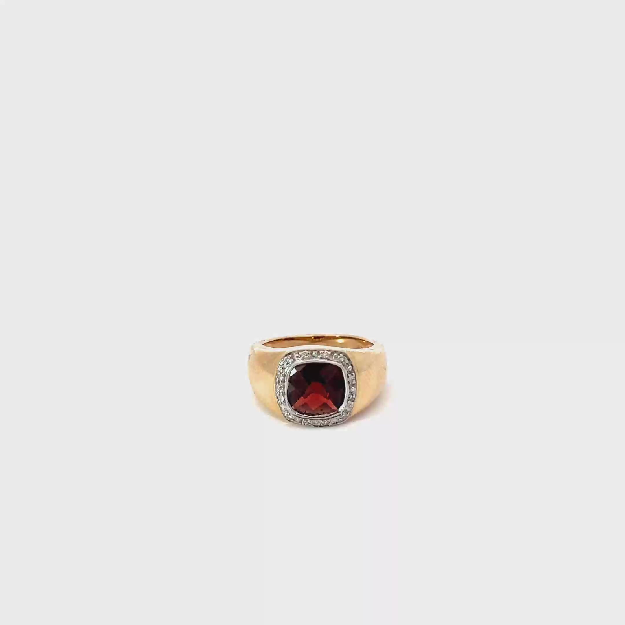 14K Yellow Gold Cushion Cut Garnet Ring with a Diamond Halo