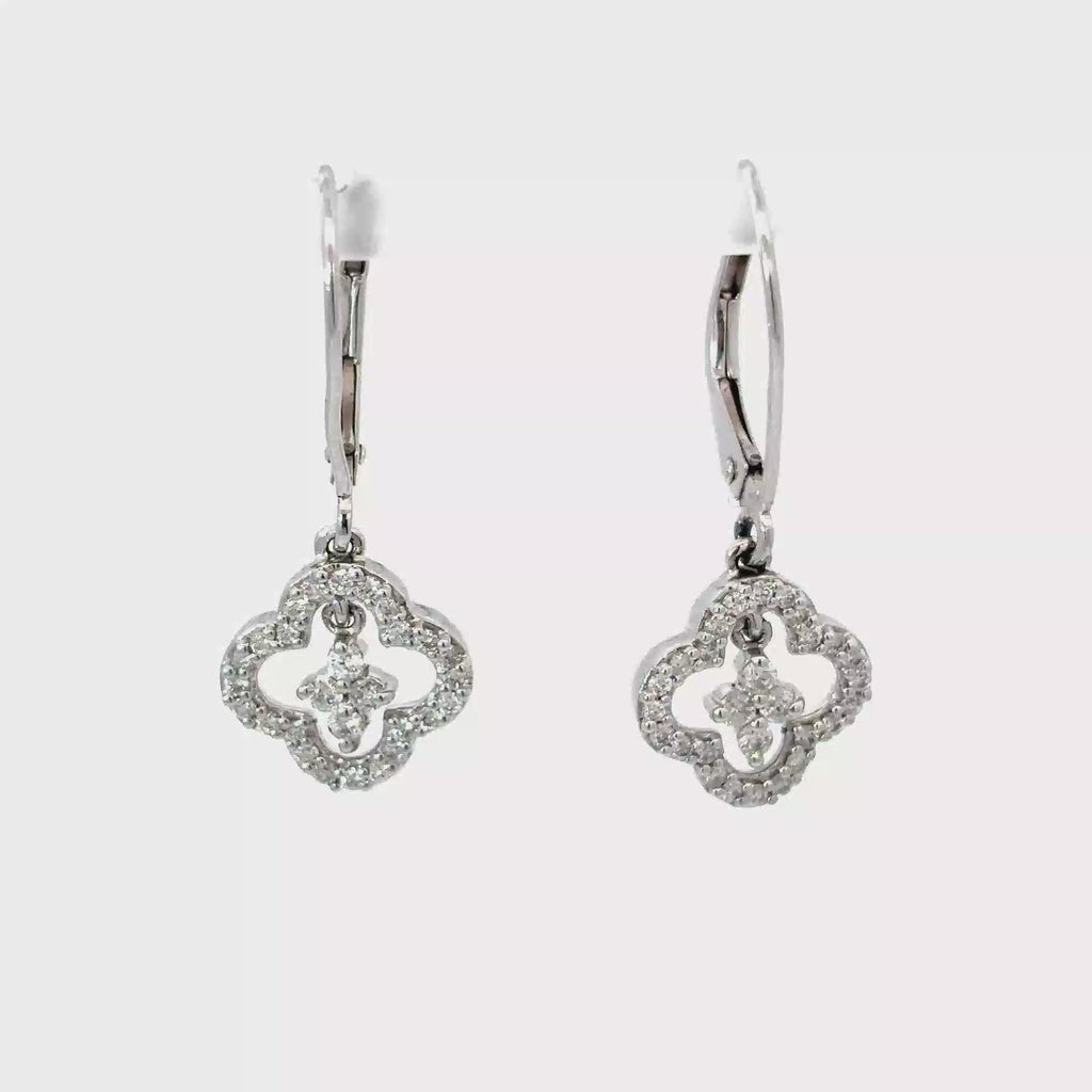 14K White Gold Diamond Dangling Clover Earrings on Euro Wires