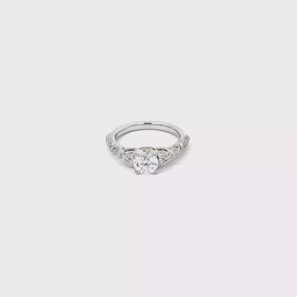 14K White Gold Vintage Inspired Engraved 3 Stone Engagement Ring