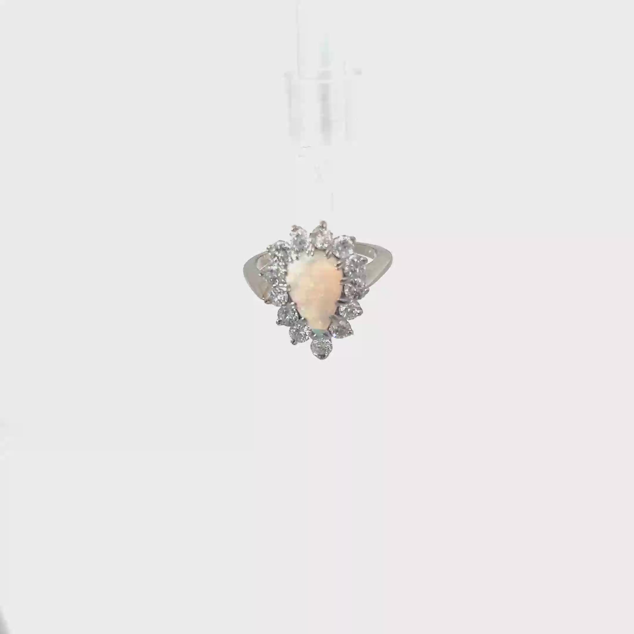 14K White Gold Pear Shaped Opal Surrounded by Diamonds