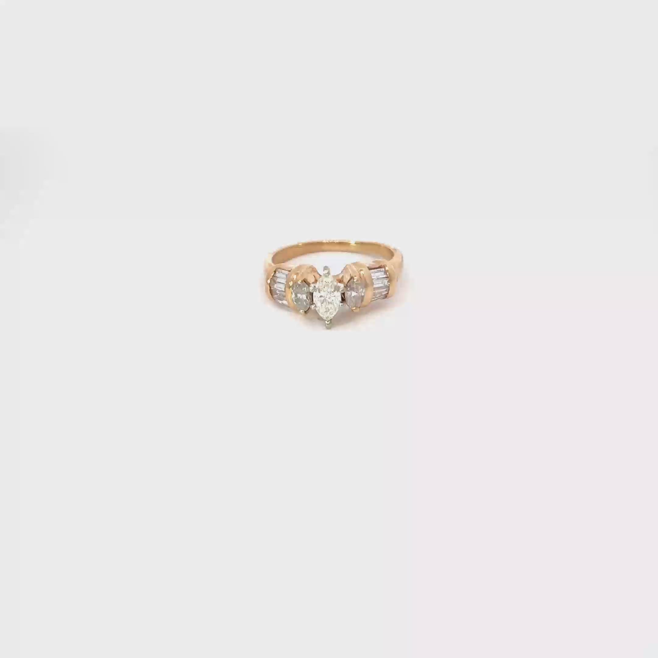 14K Yellow Gold Marquise and Baguette Diamond Engagement Ring
