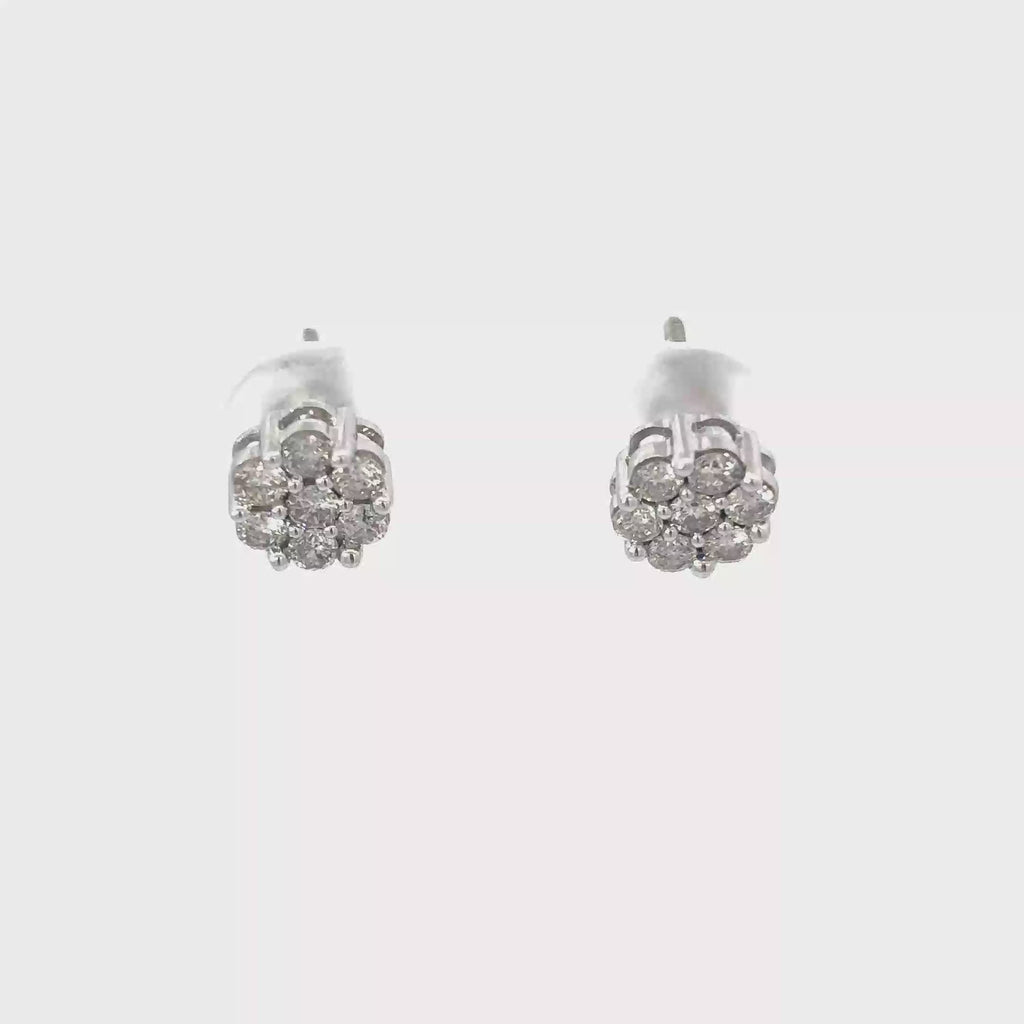 14K White Gold Diamond Flower Cluster Earrings with Screw Backs